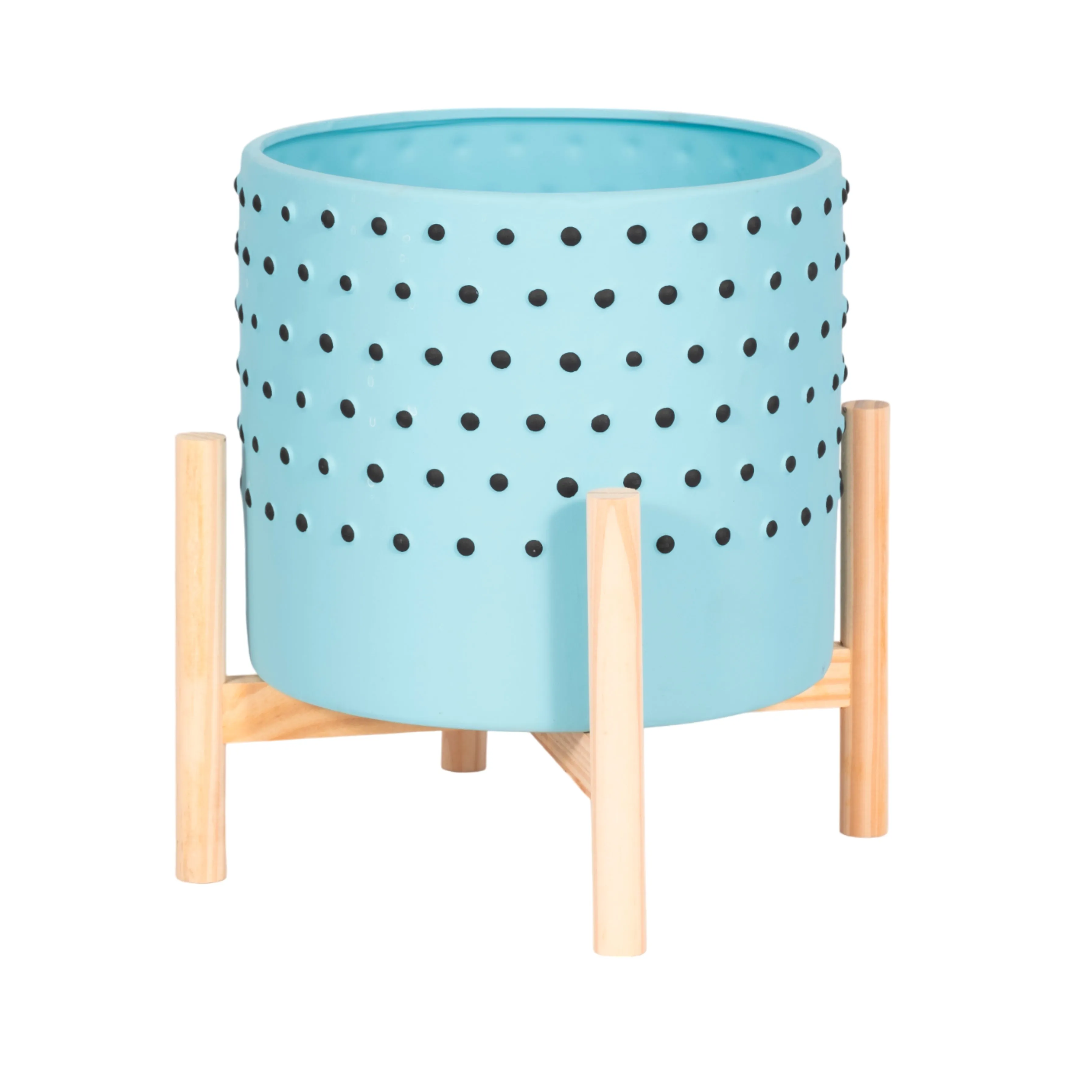 10" DOTTED PLANTER W/ WOOD STAND, BLUE
