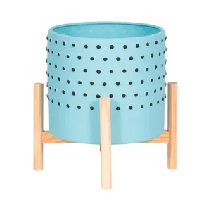 10" DOTTED PLANTER W/ WOOD STAND, BLUE