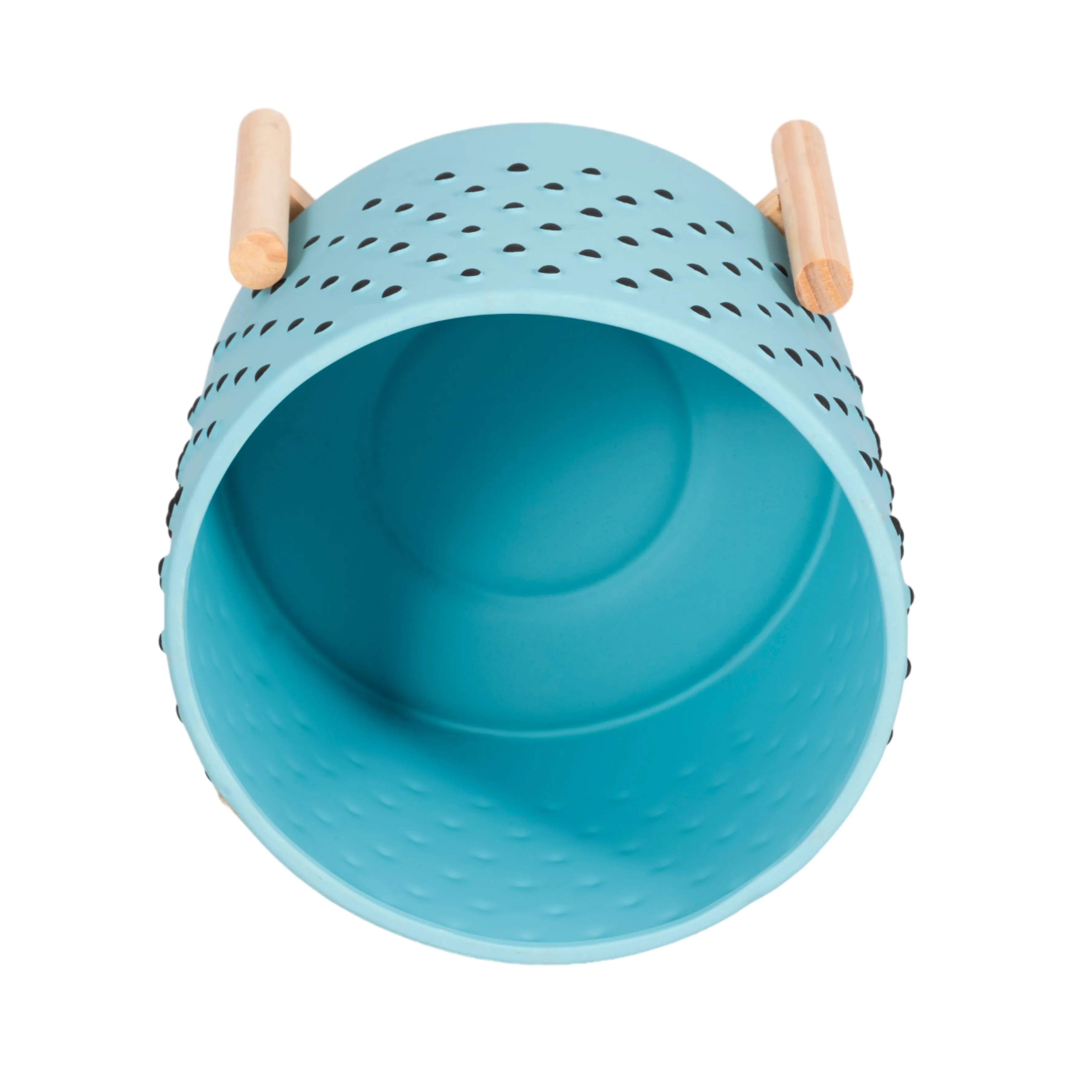 10" DOTTED PLANTER W/ WOOD STAND, BLUE