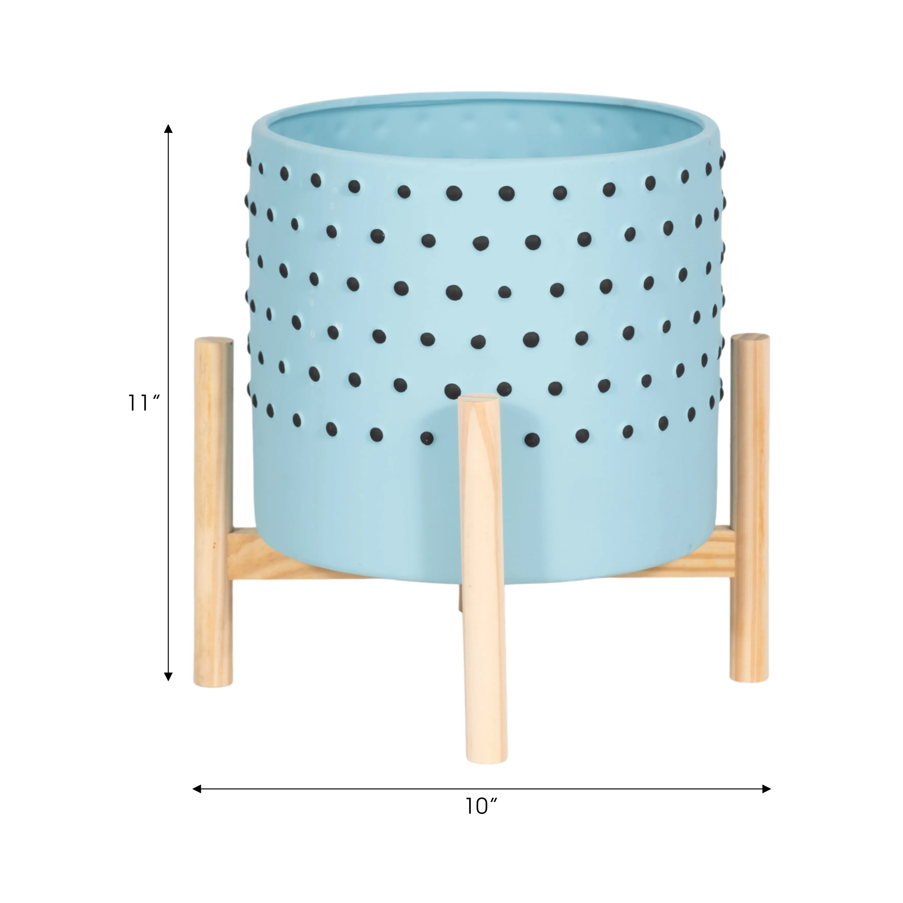 10" DOTTED PLANTER W/ WOOD STAND, BLUE