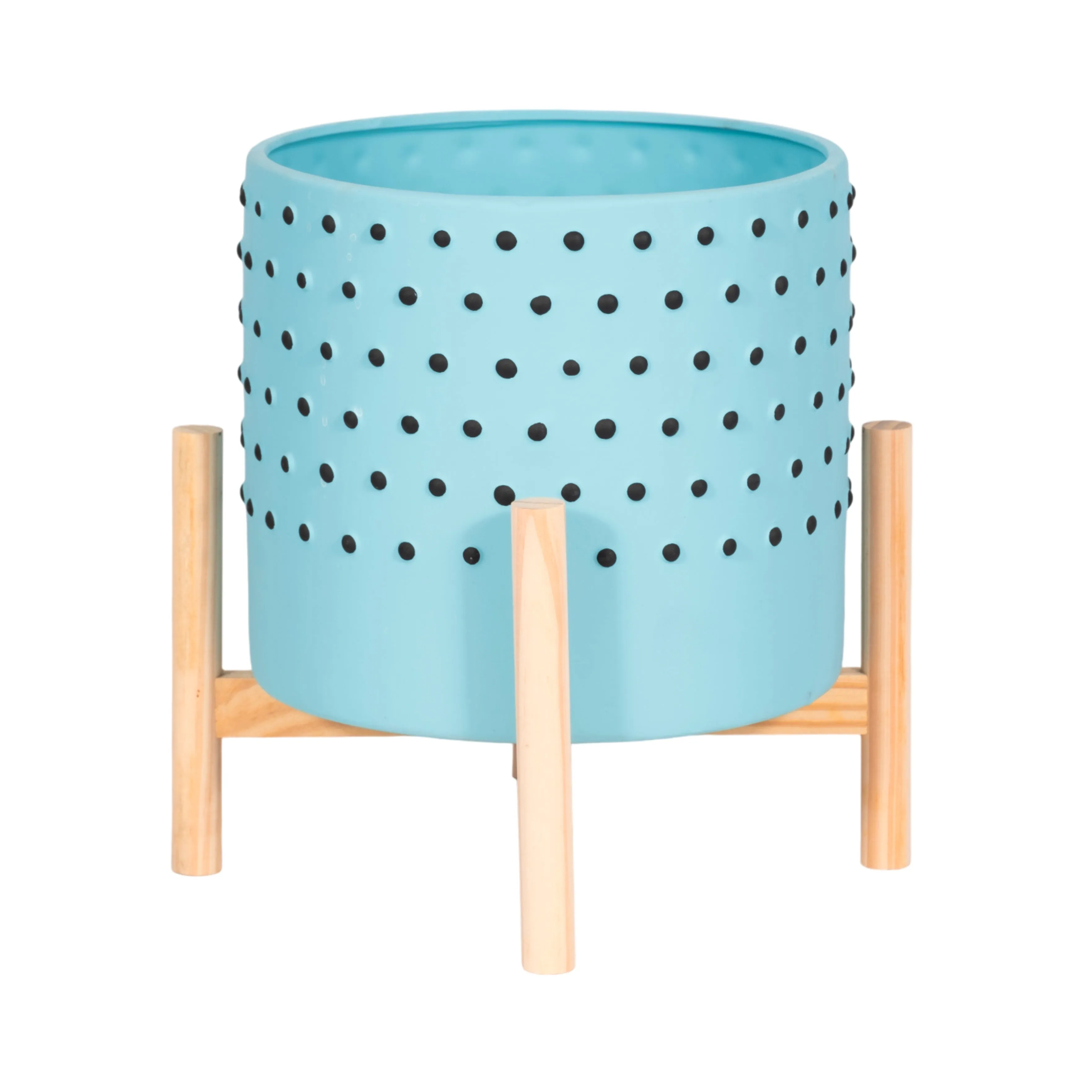 10" DOTTED PLANTER W/ WOOD STAND, BLUE