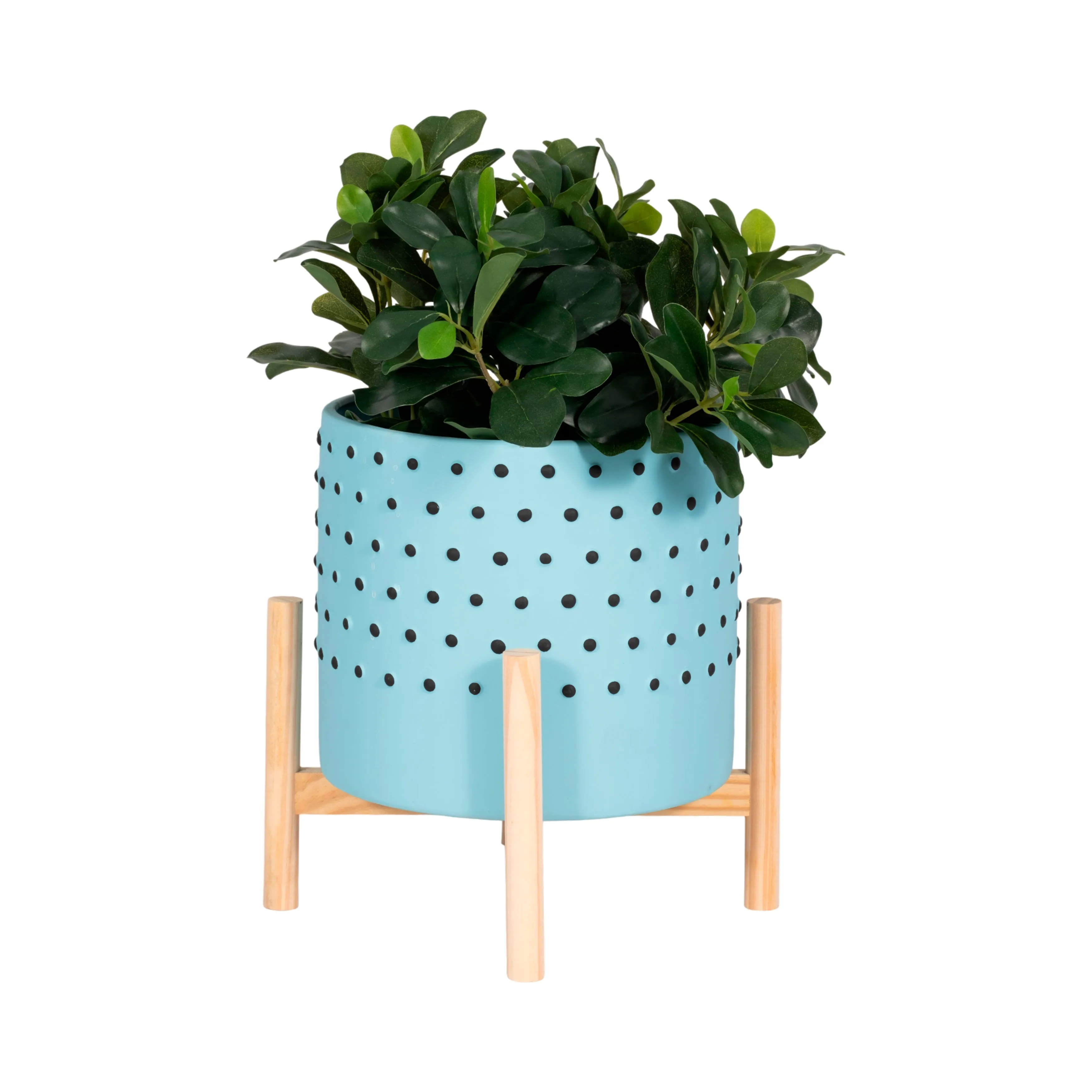 10" DOTTED PLANTER W/ WOOD STAND, BLUE