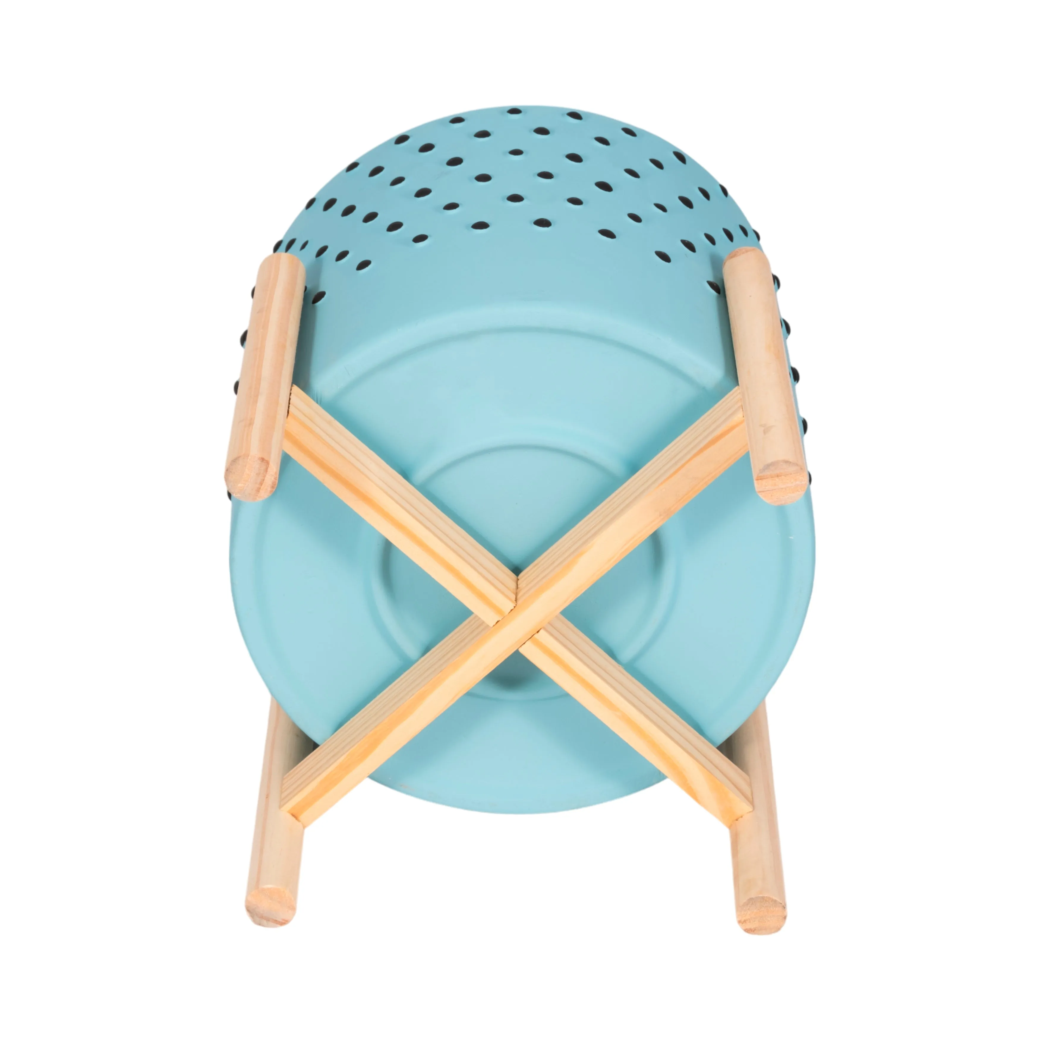 10" DOTTED PLANTER W/ WOOD STAND, BLUE