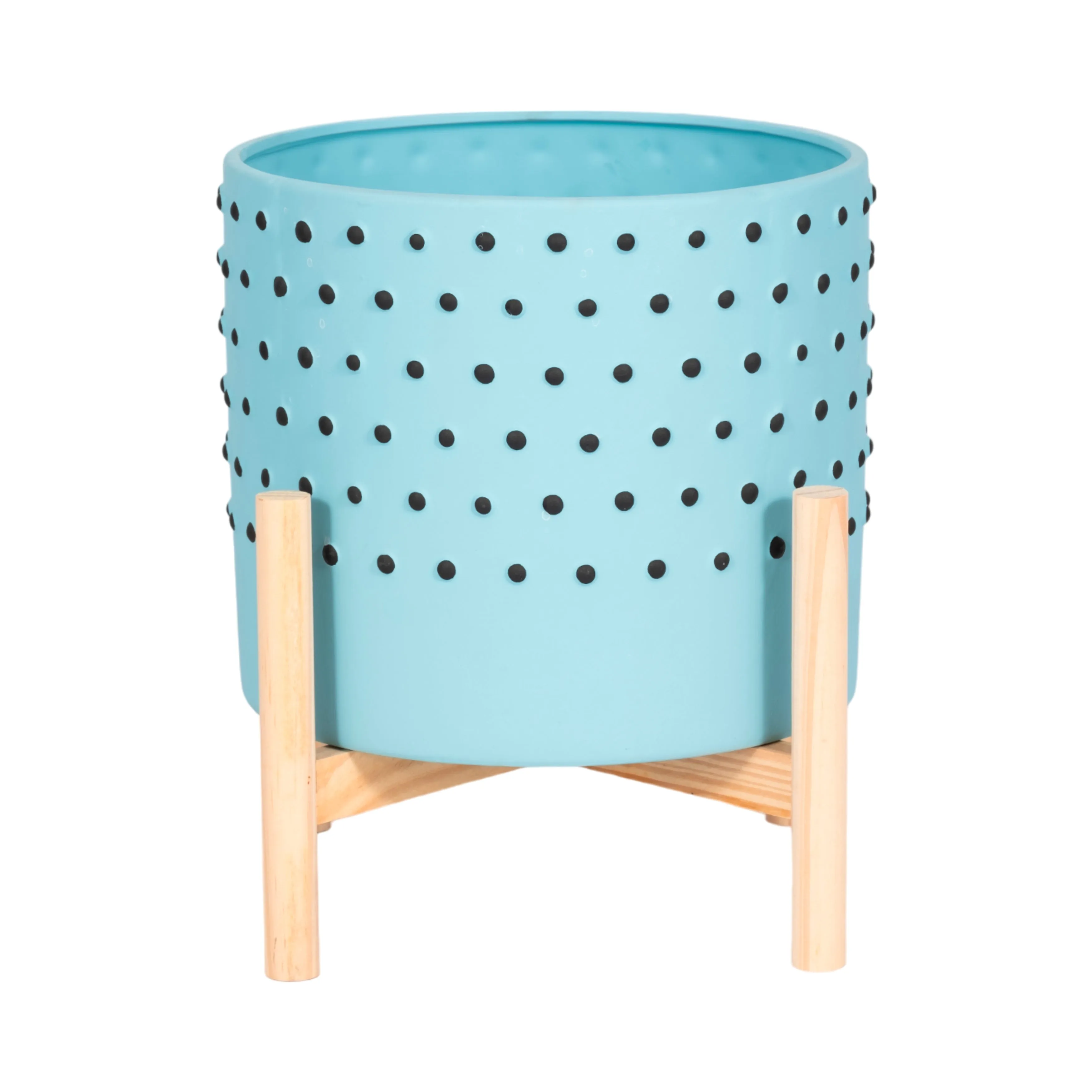 10" DOTTED PLANTER W/ WOOD STAND, BLUE