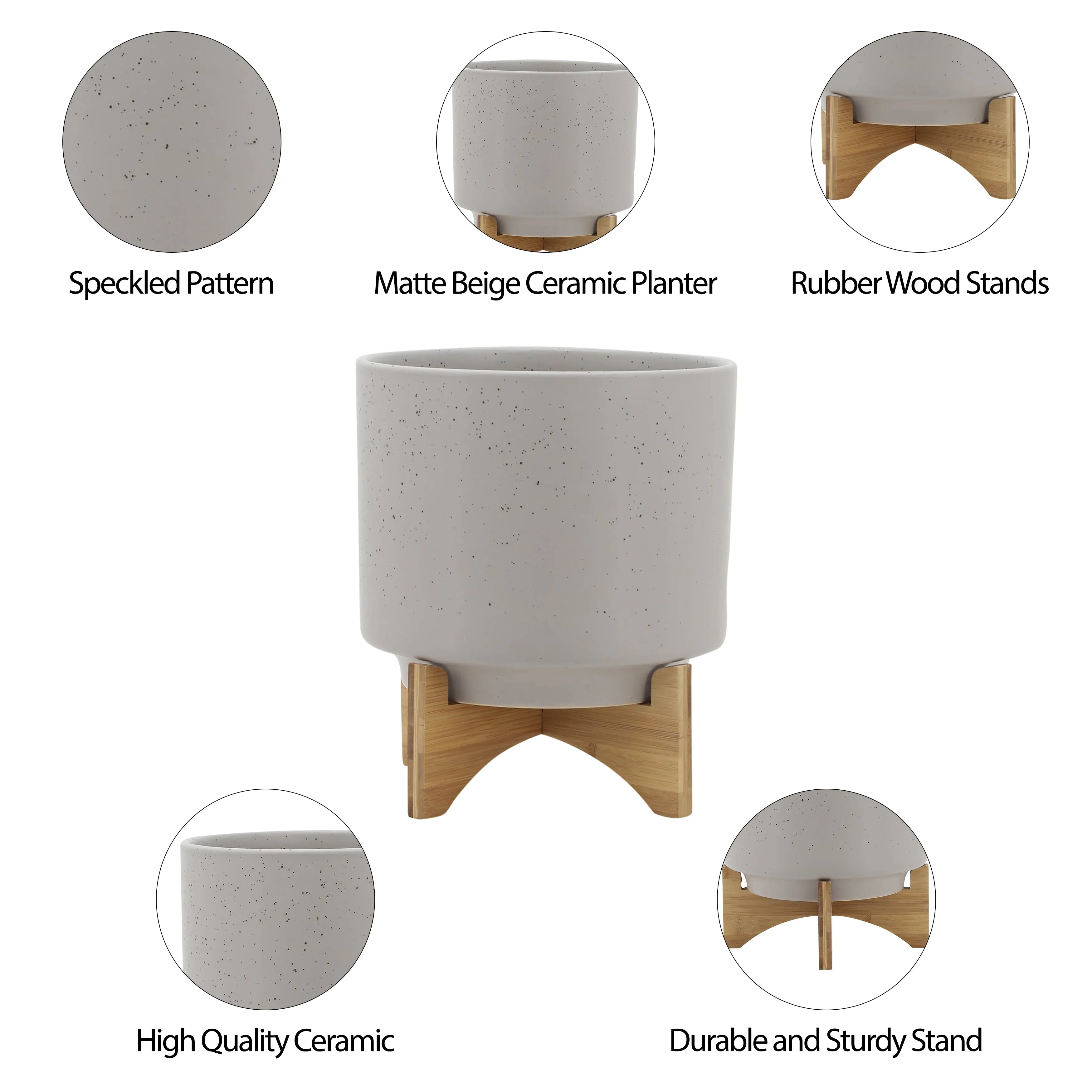 10" PLANTER W/ WOOD STAND, MATTE BEIGE