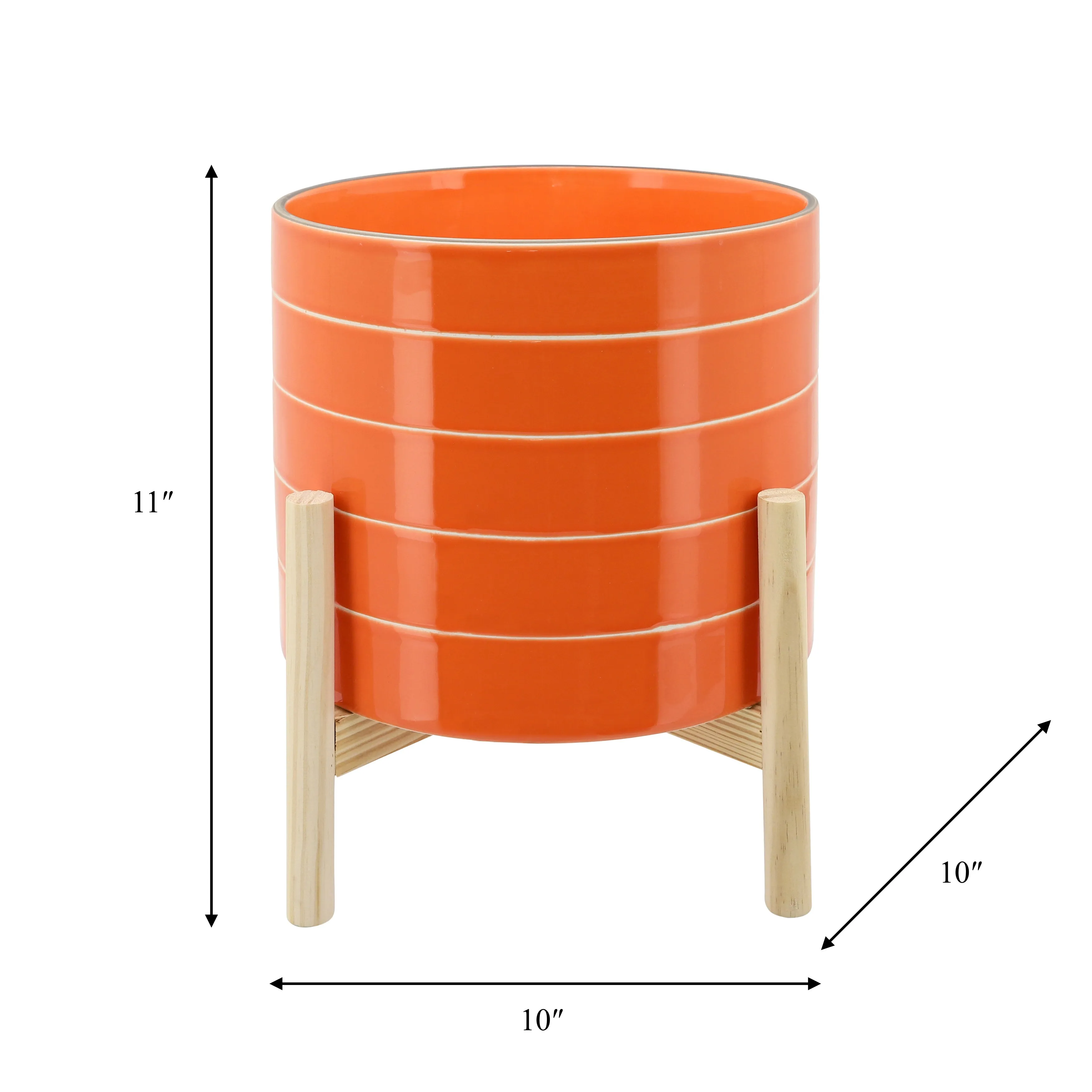 10" STRIPED PLANTER W/ WOOD STAND, ORANGE