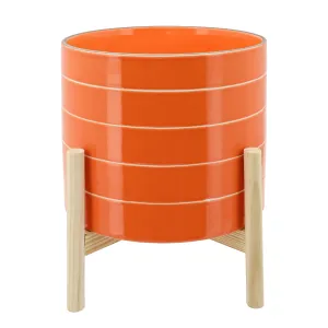 10" STRIPED PLANTER W/ WOOD STAND, ORANGE