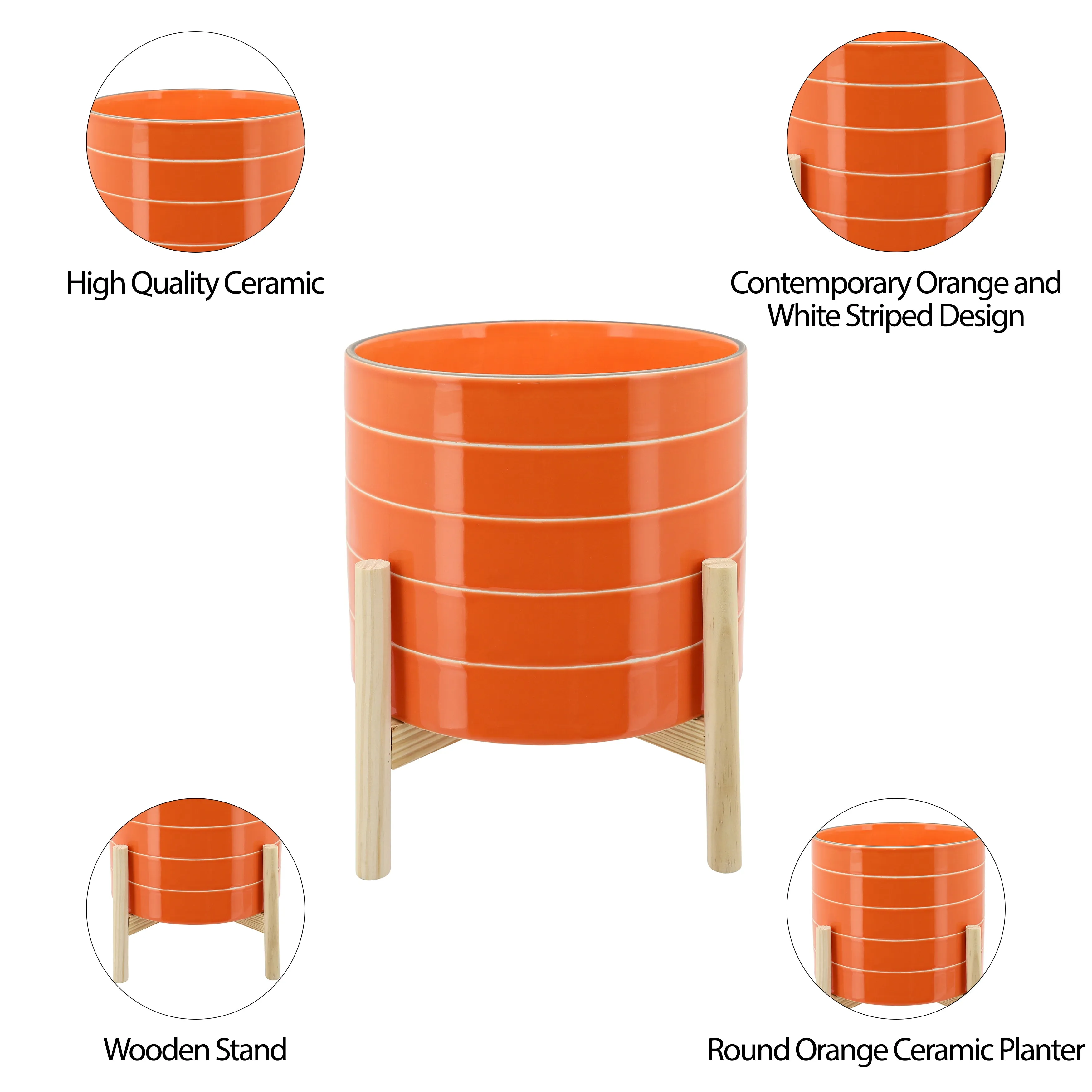 10" STRIPED PLANTER W/ WOOD STAND, ORANGE