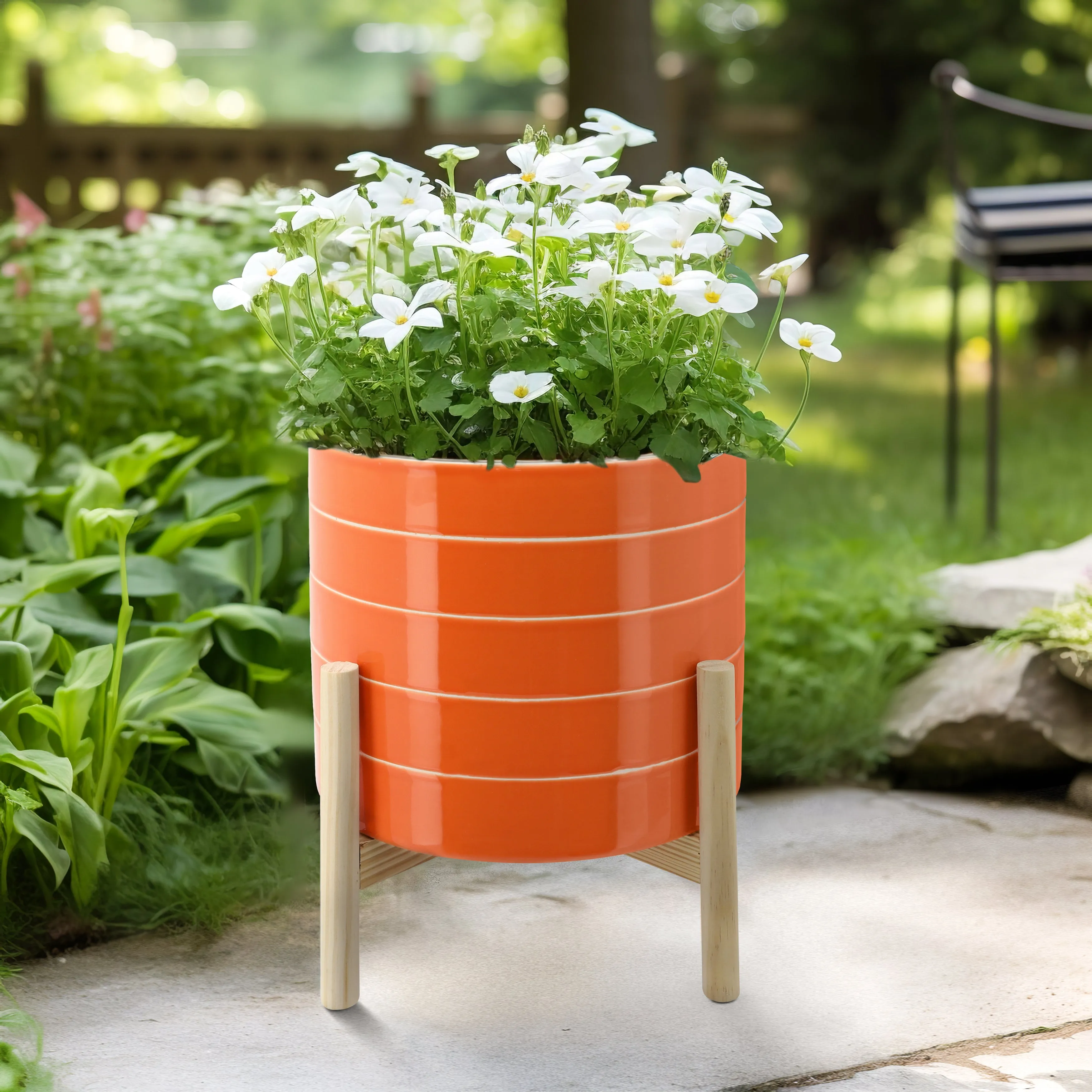 10" STRIPED PLANTER W/ WOOD STAND, ORANGE