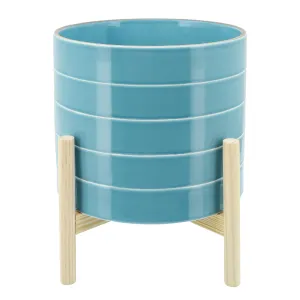 10" STRIPED PLANTER W/ WOOD STAND, SKYBLUE