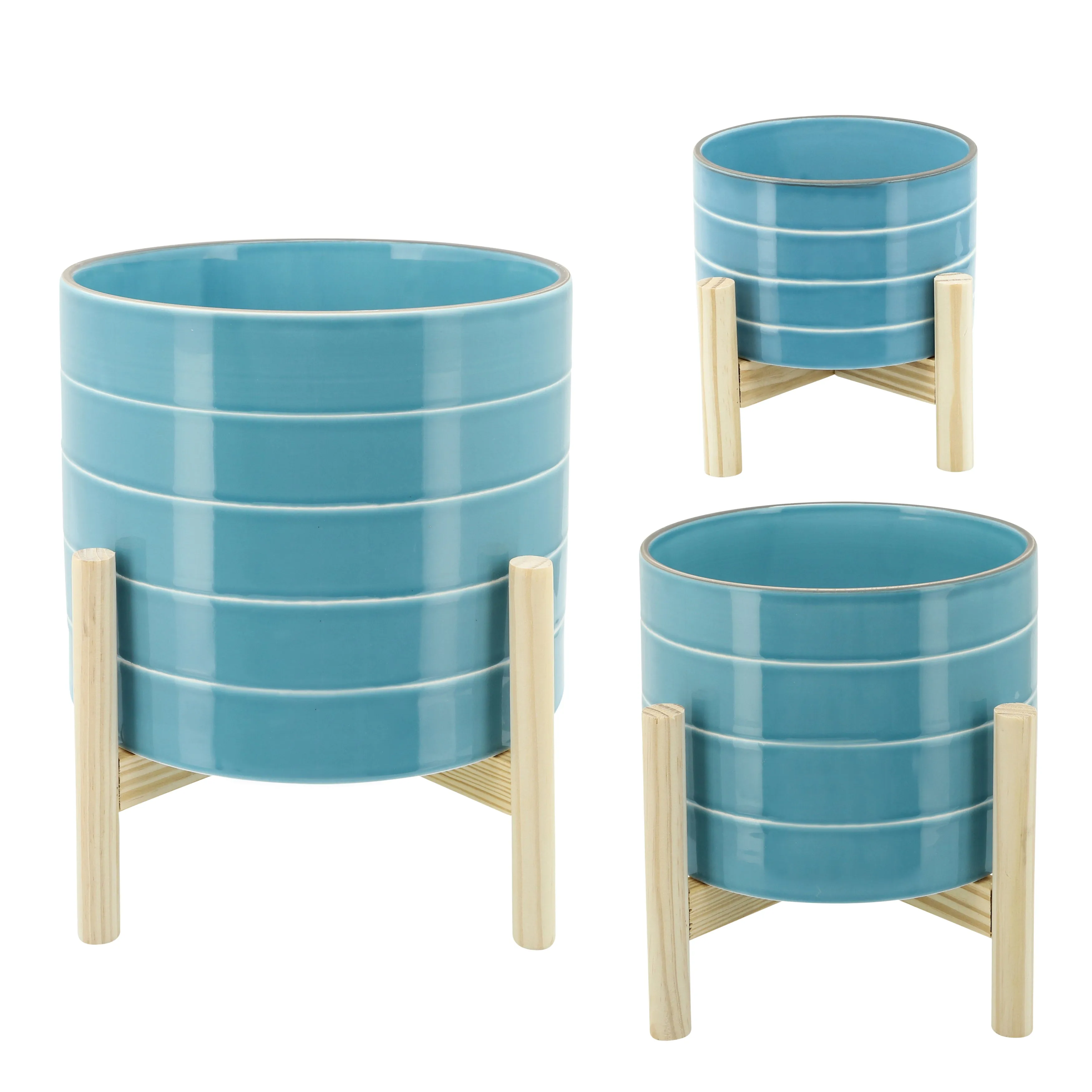 10" STRIPED PLANTER W/ WOOD STAND, SKYBLUE
