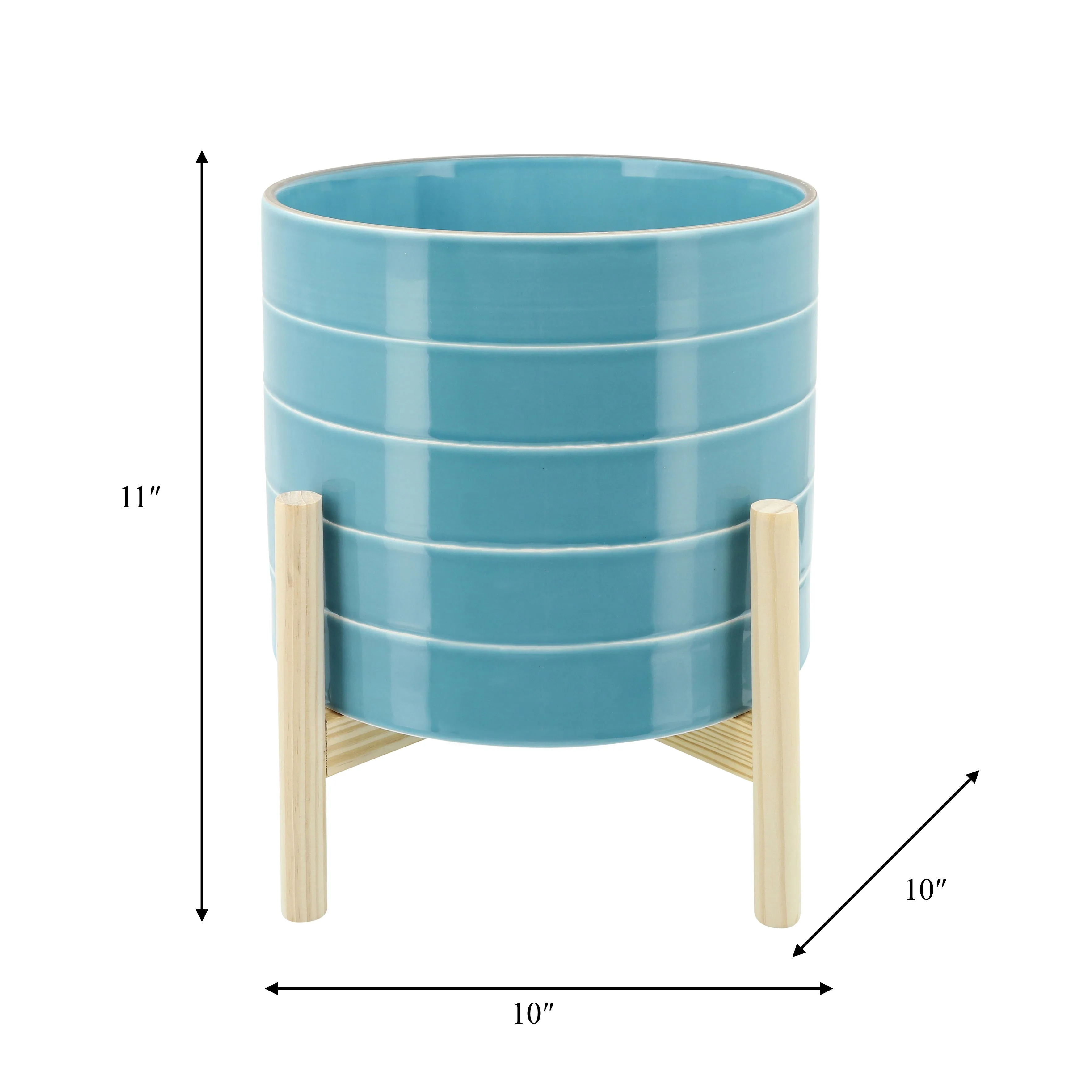 10" STRIPED PLANTER W/ WOOD STAND, SKYBLUE