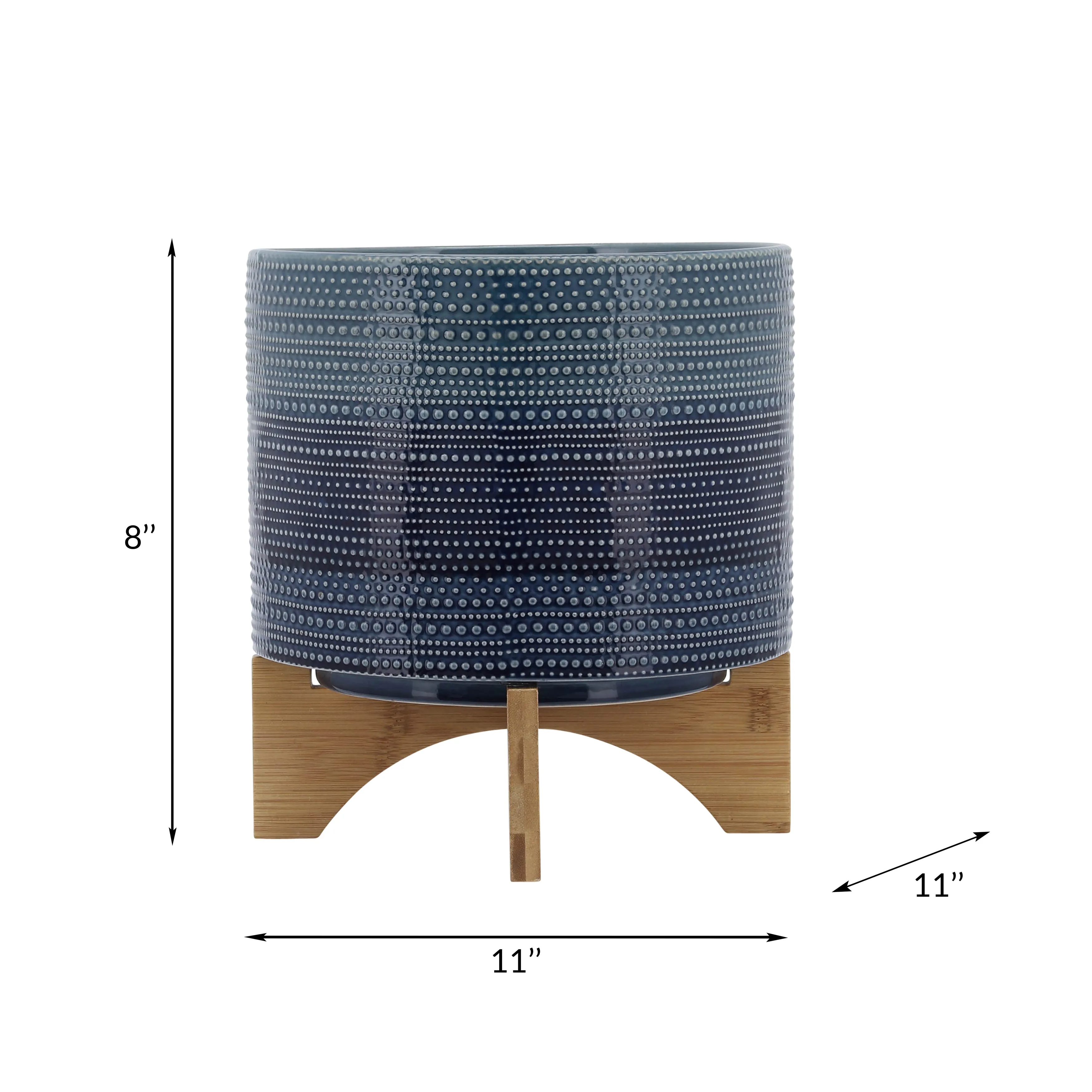 11" DOTTED PLANTER W/ WOOD STAND, BLUE