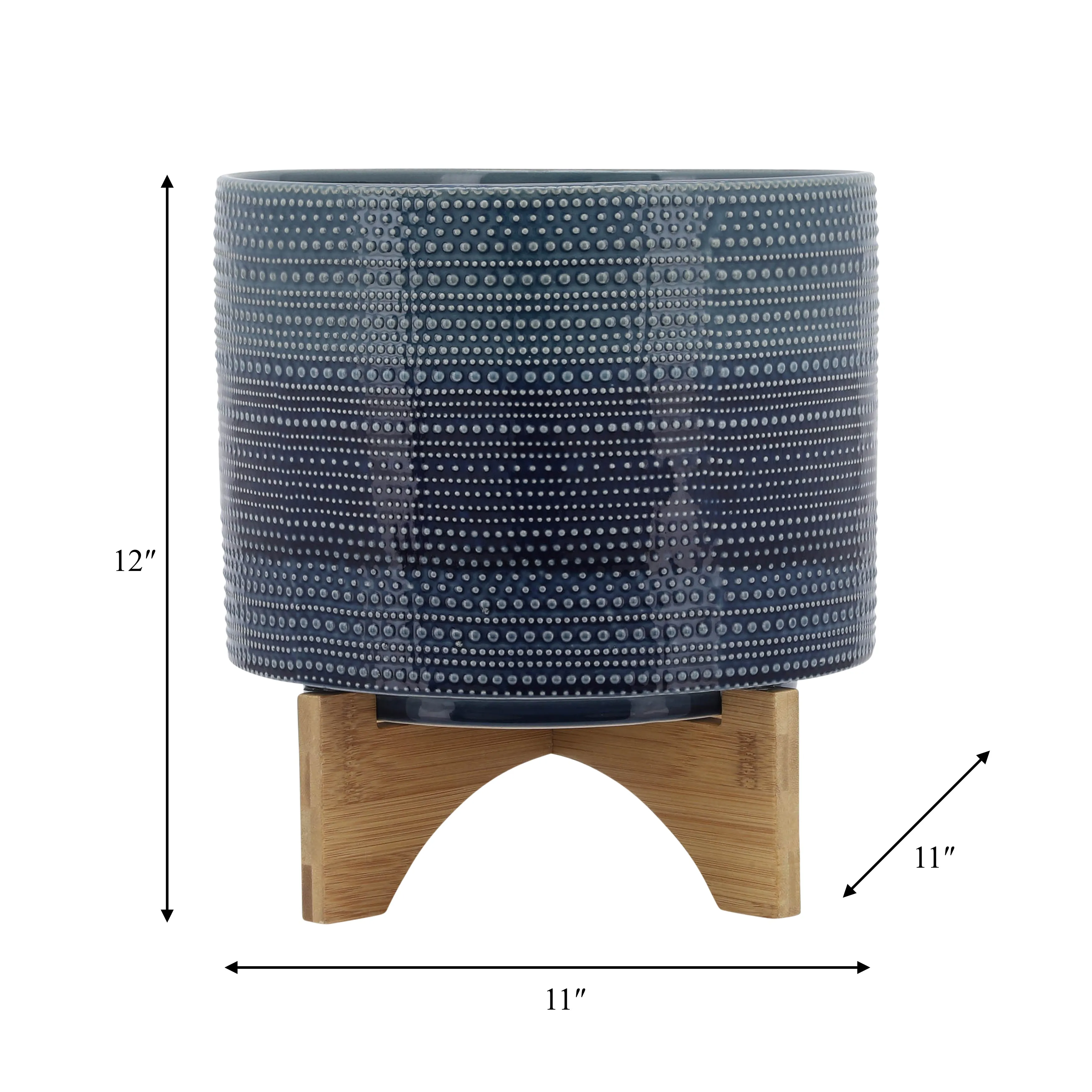 11" DOTTED PLANTER W/ WOOD STAND, BLUE