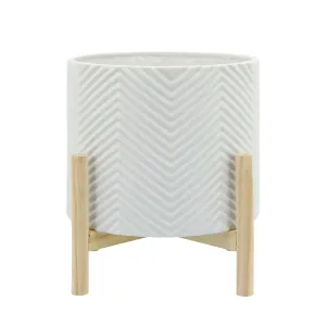 12" CERAMIC CHEVRON PLANTER W/ WOOD STAND, WHITE