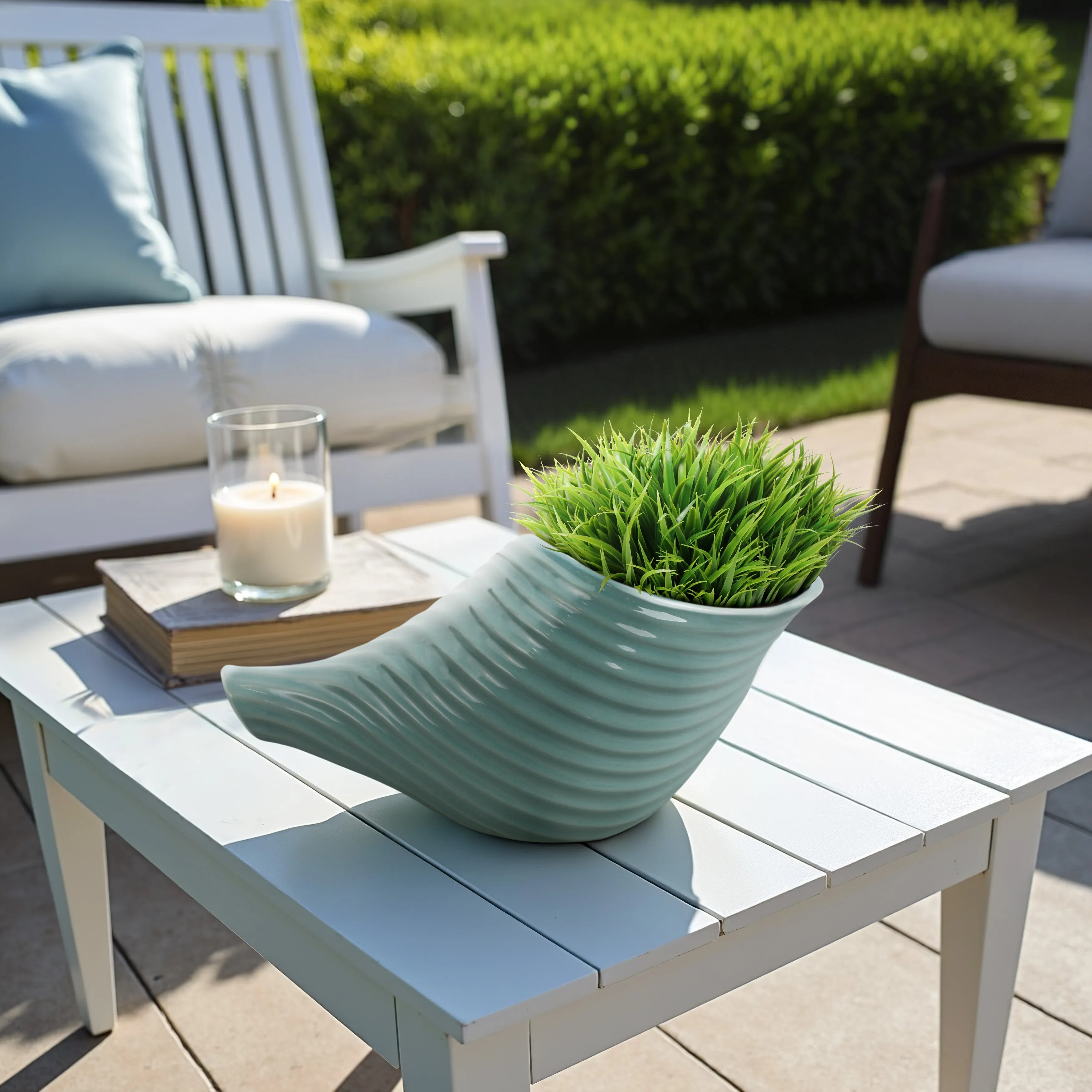17" Seaside Blue Cer Shell Planter