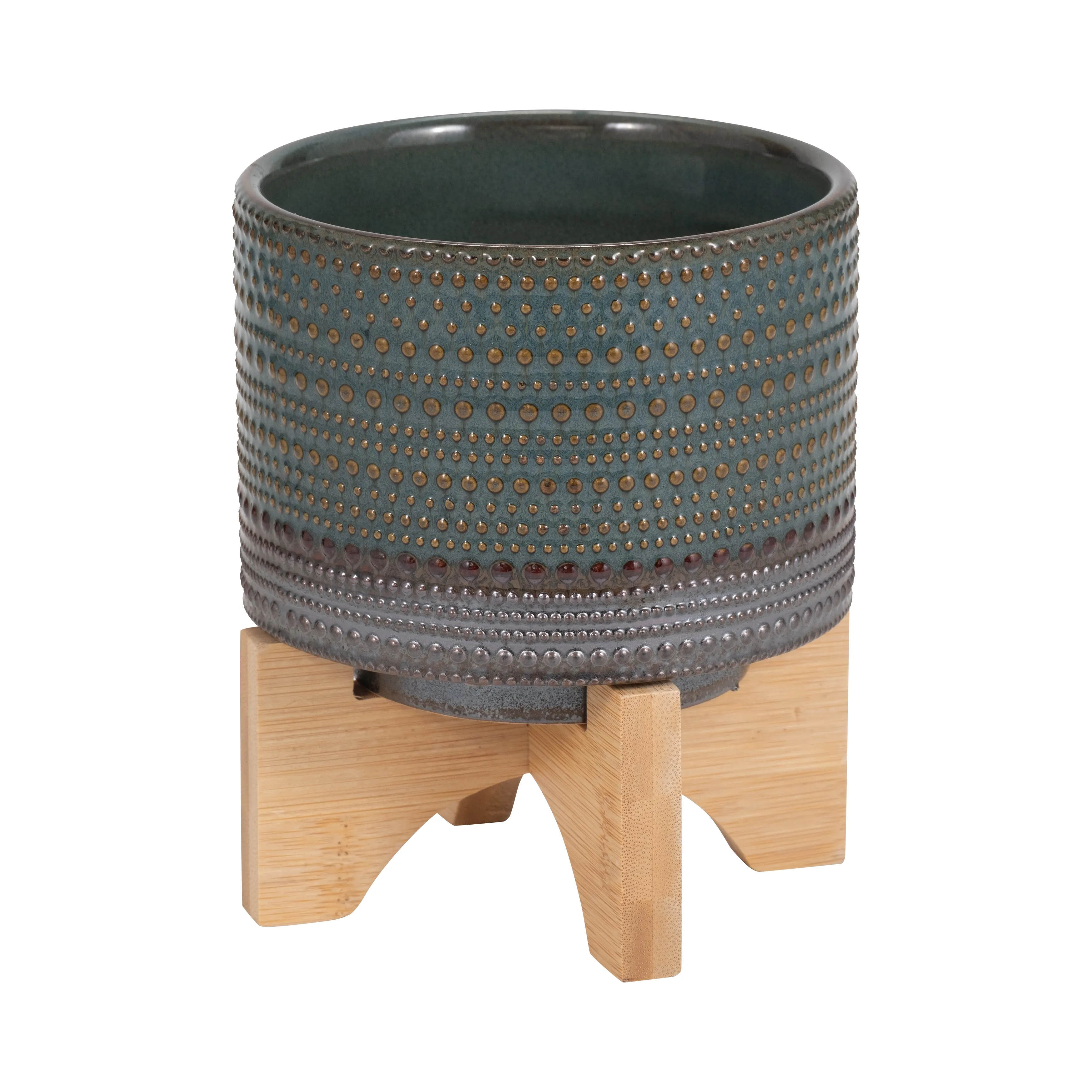 5" DOTTED PLANTER W/ WOOD STAND, GREEN
