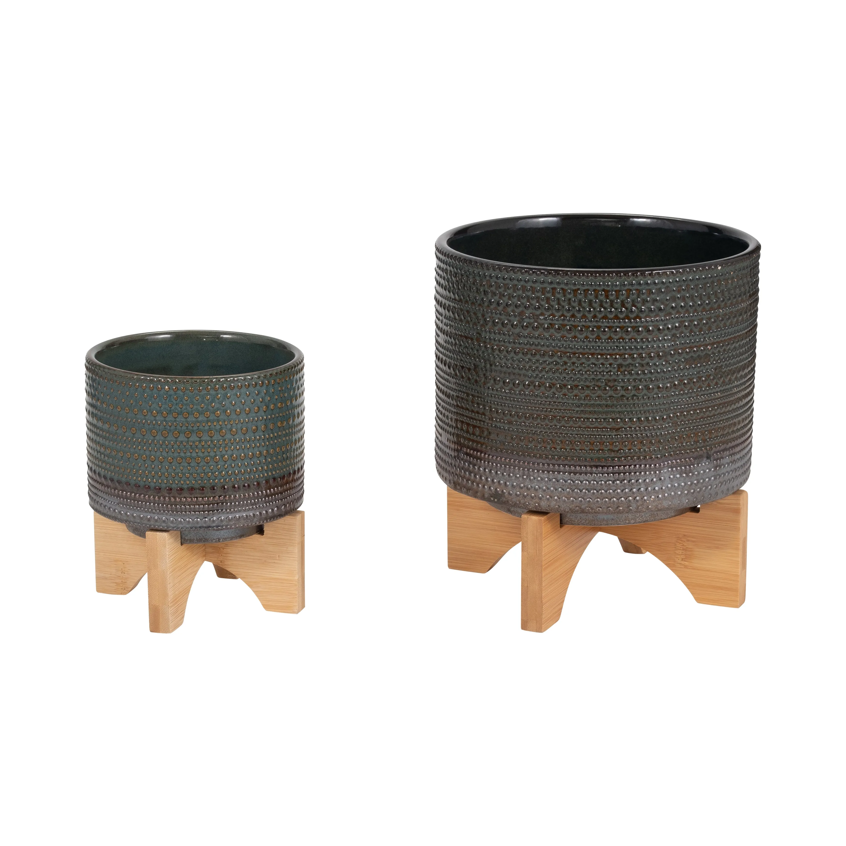 5" DOTTED PLANTER W/ WOOD STAND, GREEN