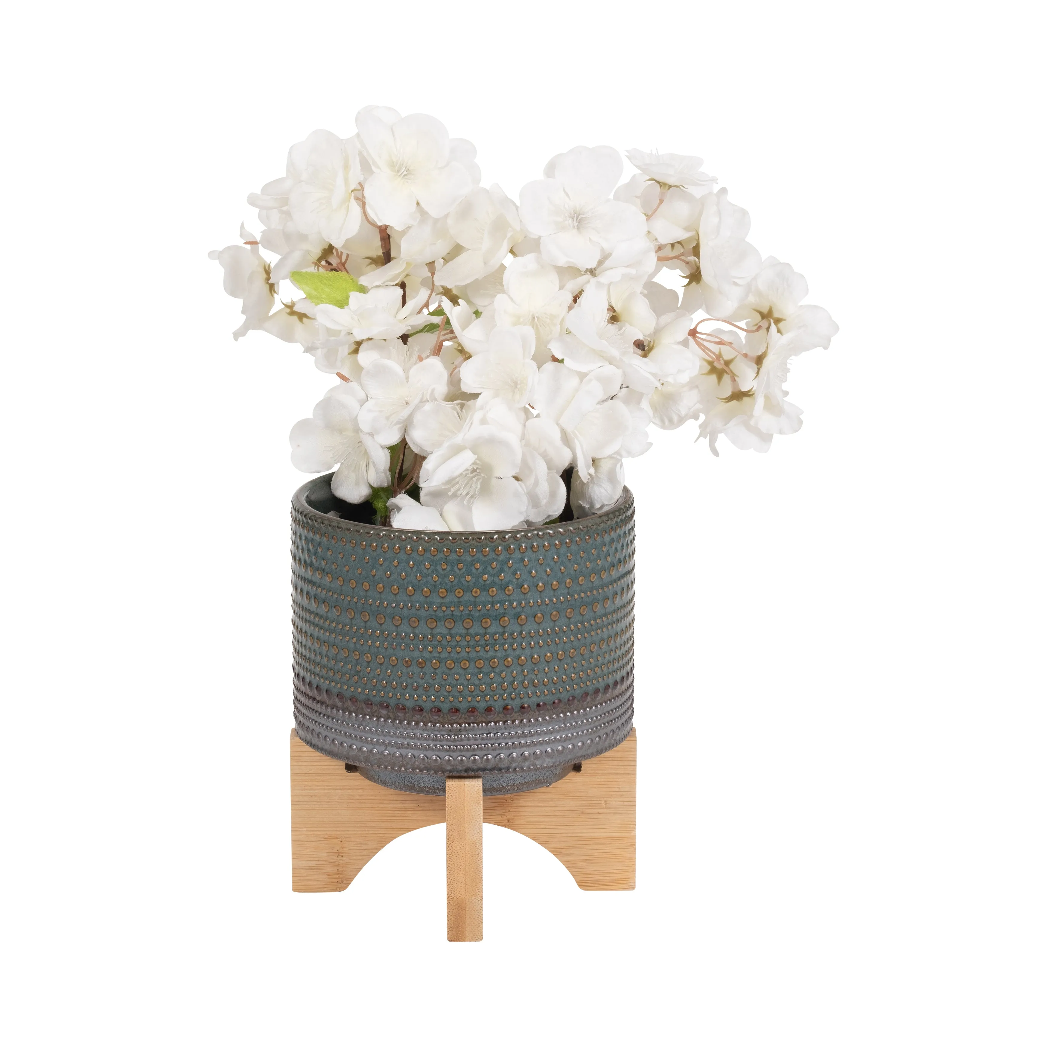 5" DOTTED PLANTER W/ WOOD STAND, GREEN