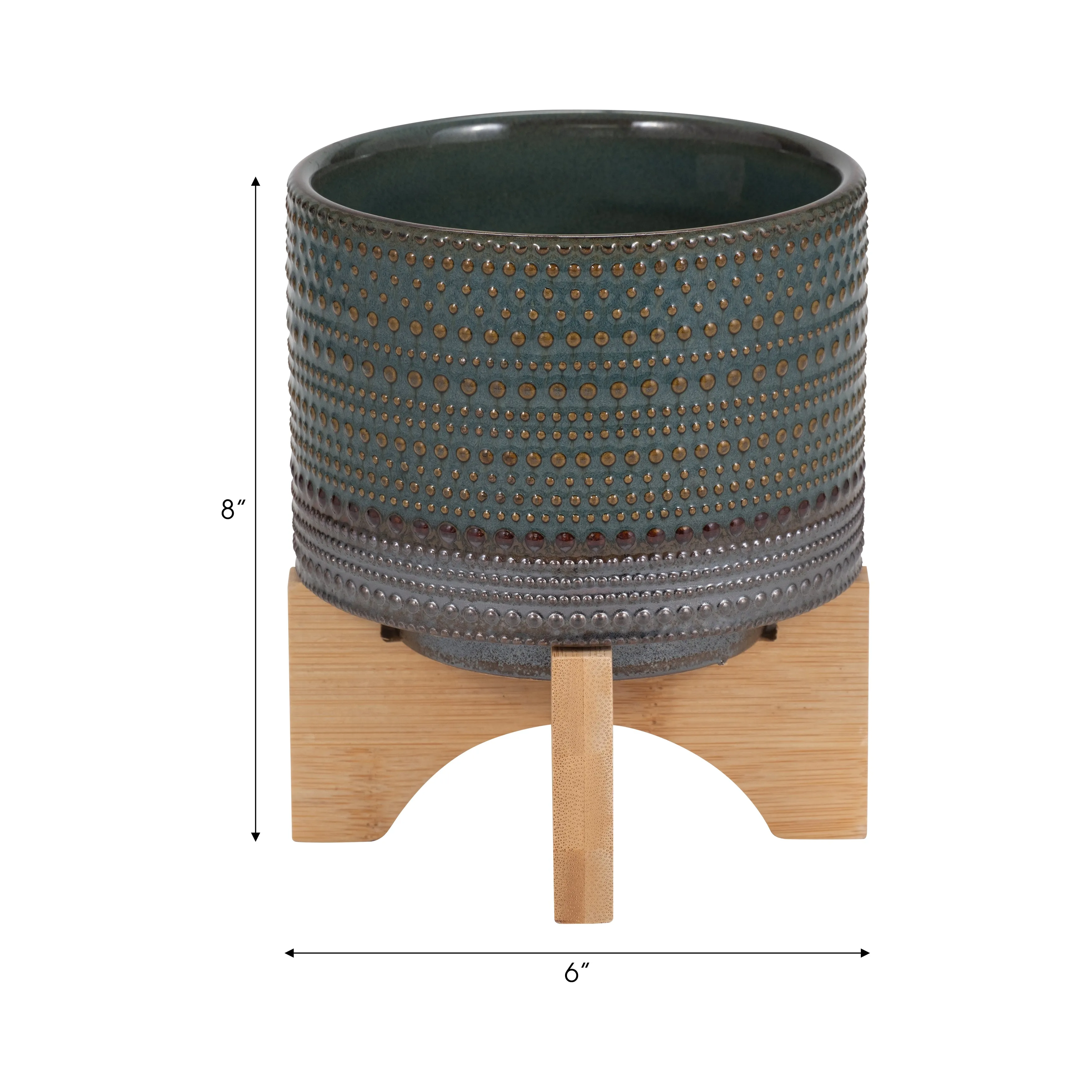 5" DOTTED PLANTER W/ WOOD STAND, GREEN