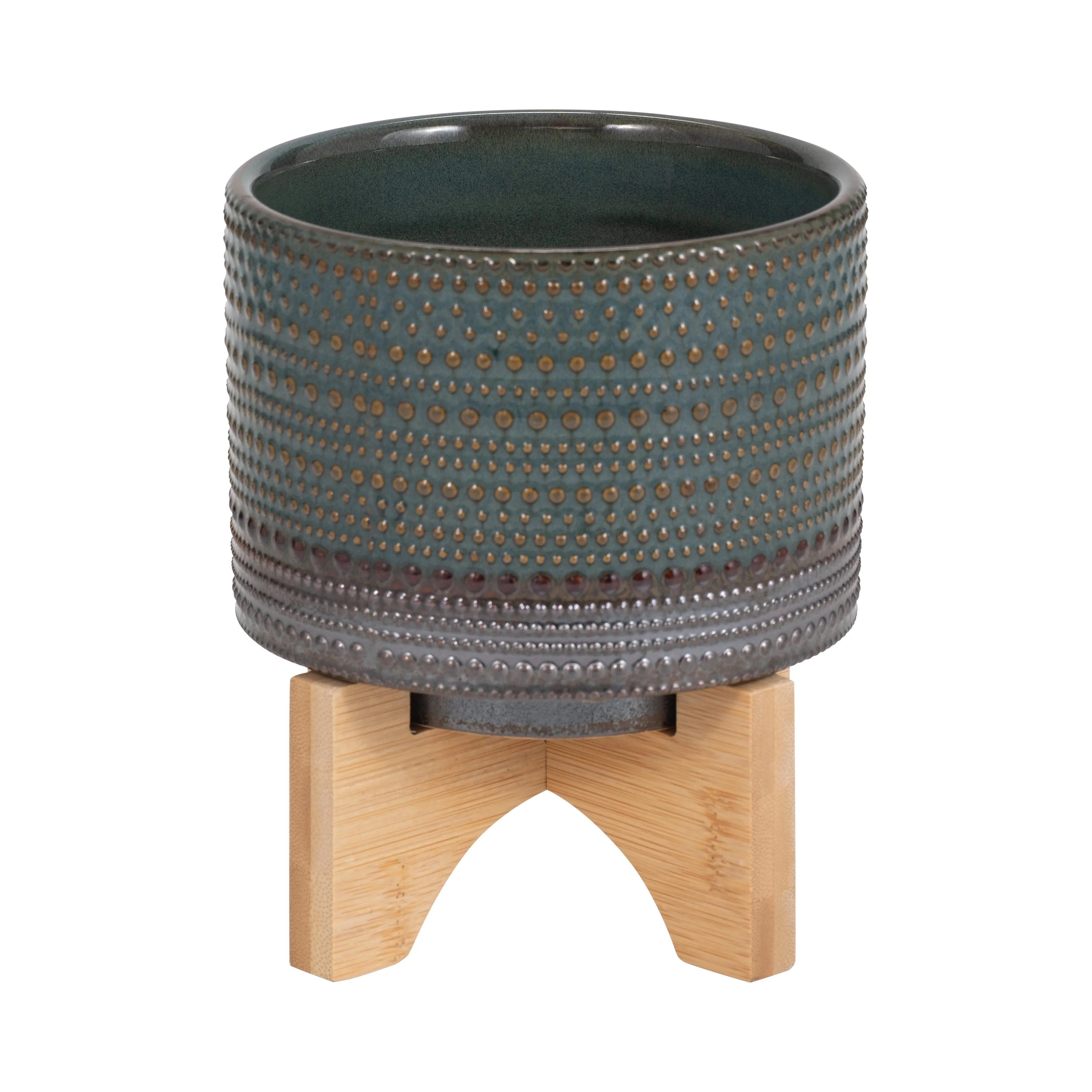 5" DOTTED PLANTER W/ WOOD STAND, GREEN