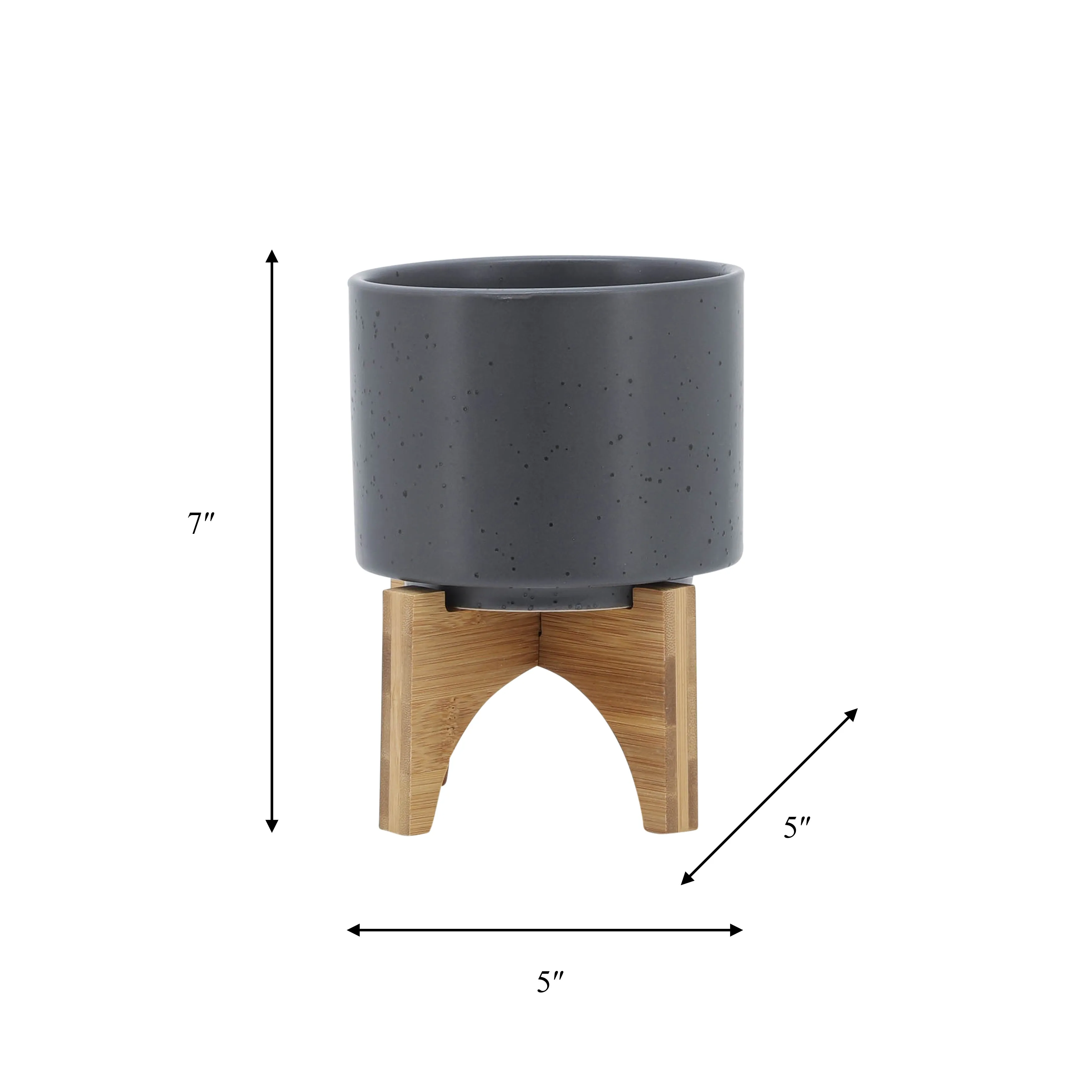 5" PLANTER W/ WOOD STAND, MATTE GRAY