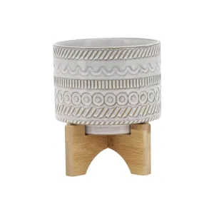 5" TRIBAL PLANTER W/ WOOD STAND, BEIGE