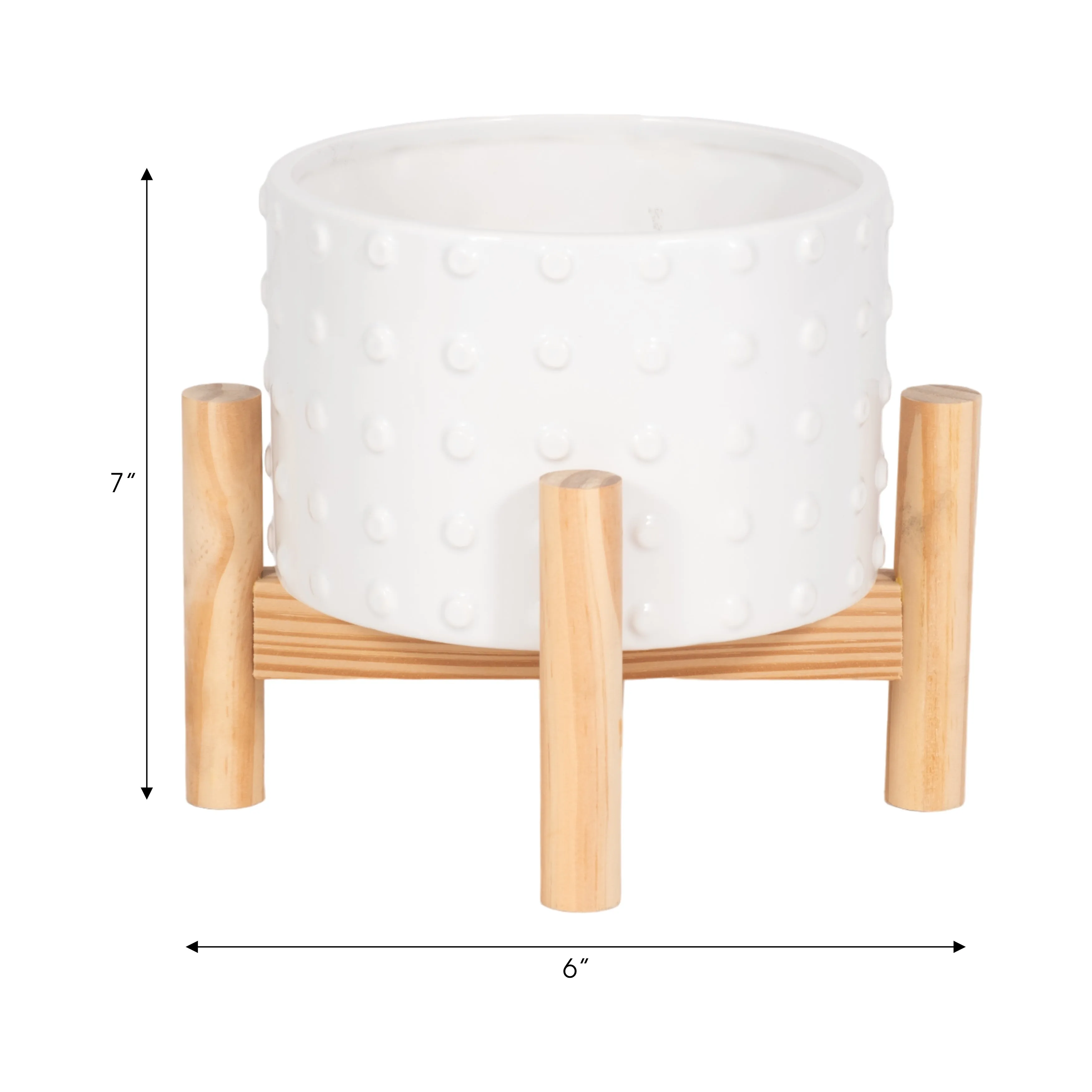 6" CERAMIC DOTTED PLANTER W/ WOOD STAND, WHITE