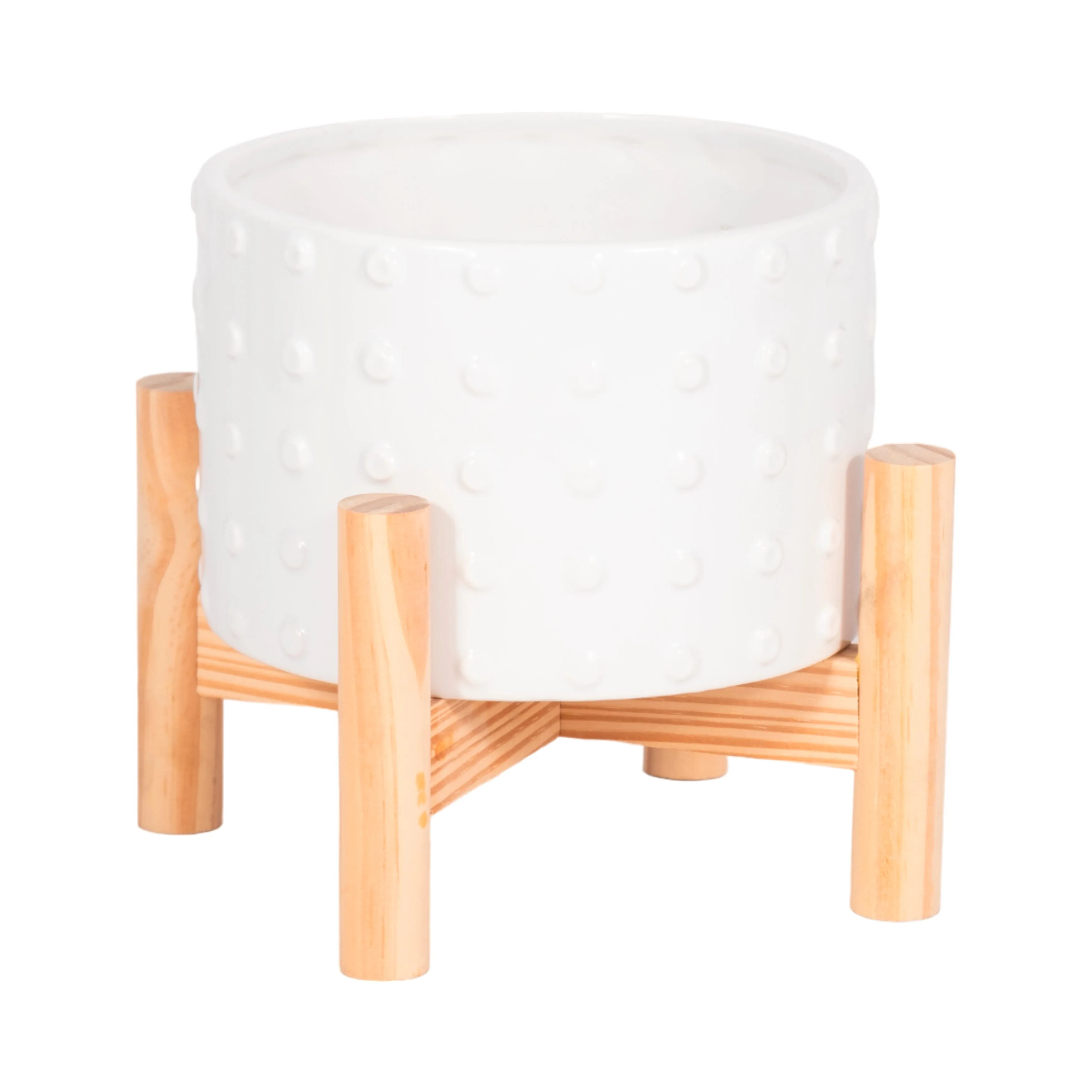 6" CERAMIC DOTTED PLANTER W/ WOOD STAND, WHITE