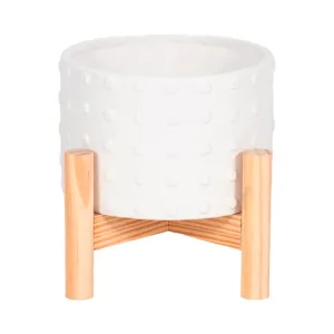 6" CERAMIC DOTTED PLANTER W/ WOOD STAND, WHITE