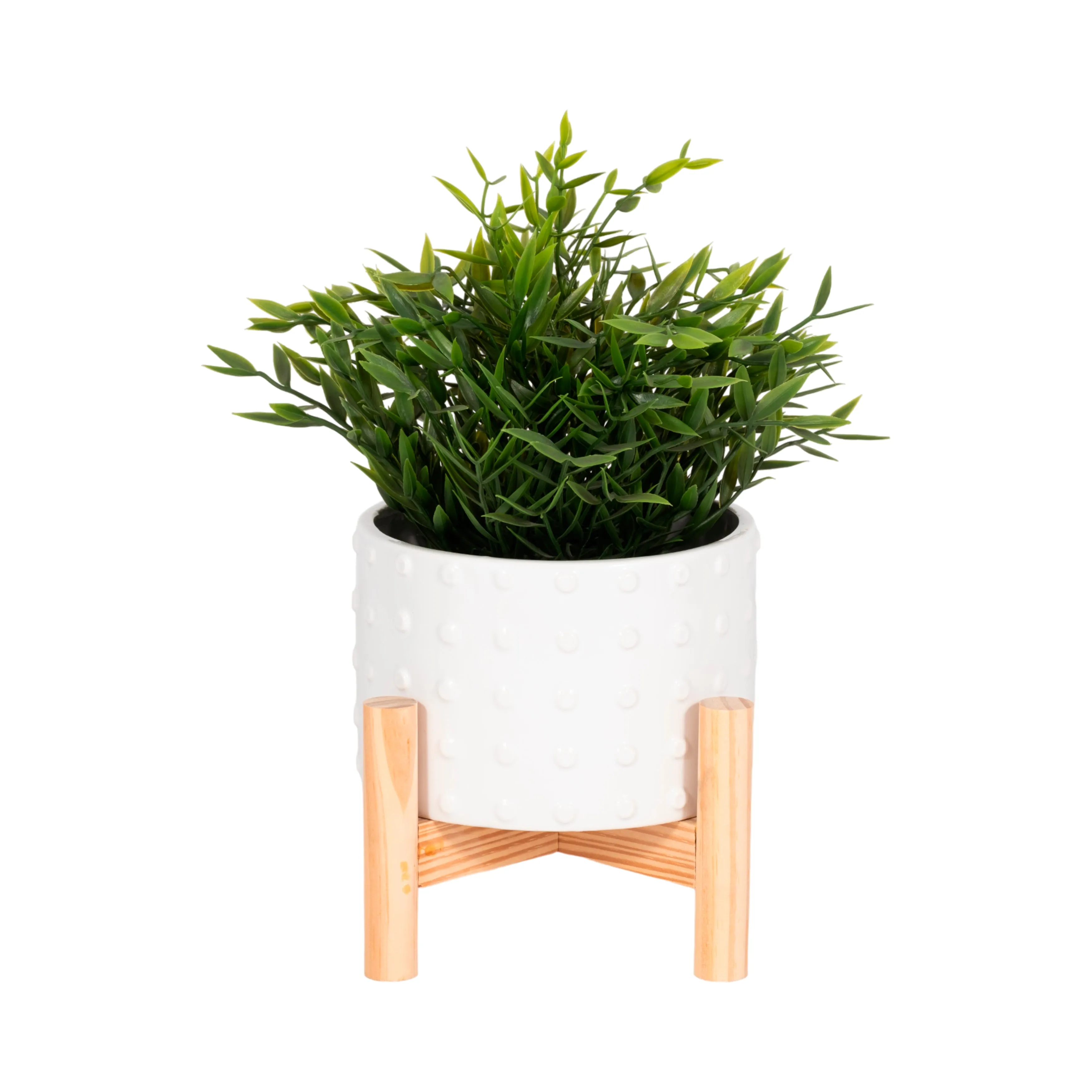 6" CERAMIC DOTTED PLANTER W/ WOOD STAND, WHITE
