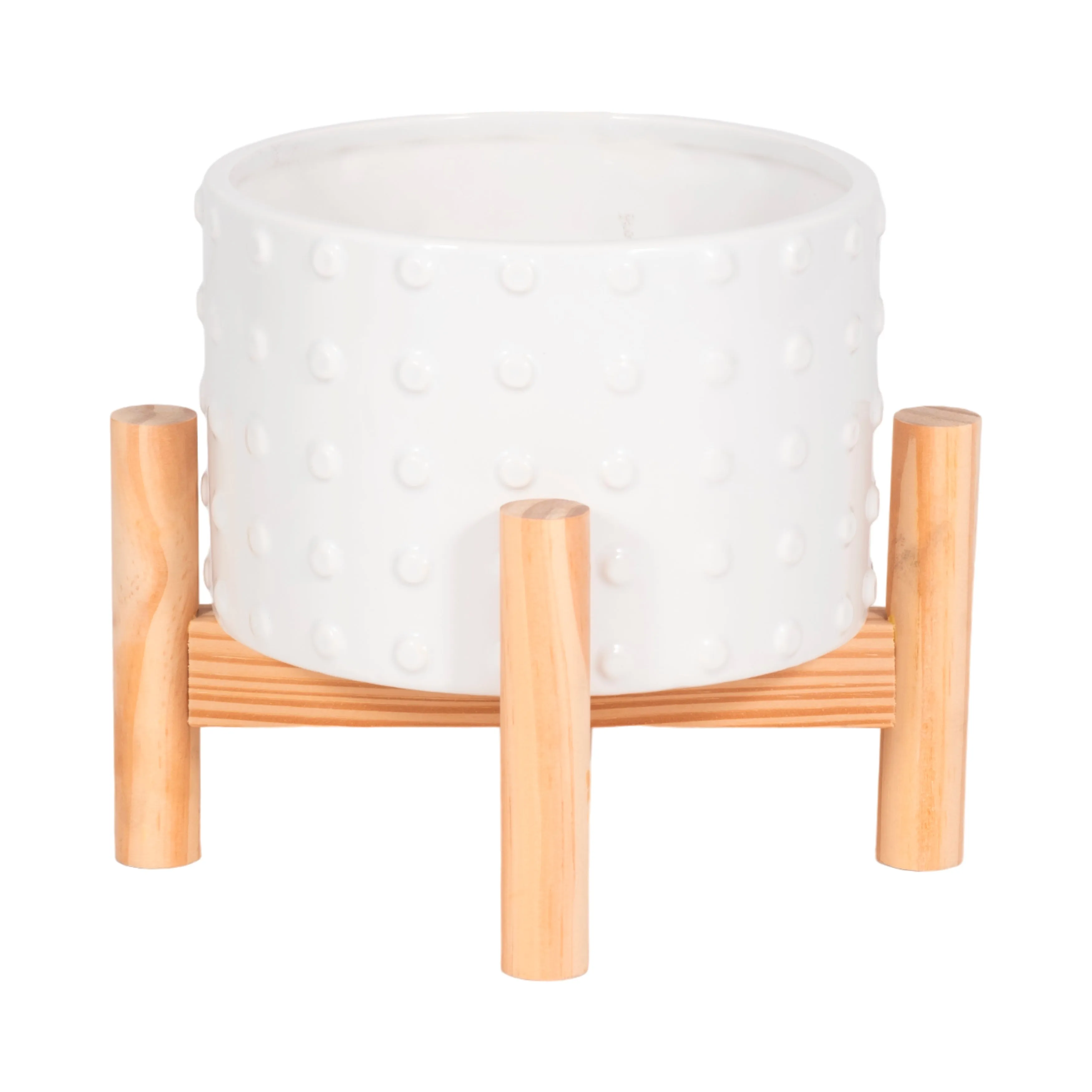 6" CERAMIC DOTTED PLANTER W/ WOOD STAND, WHITE