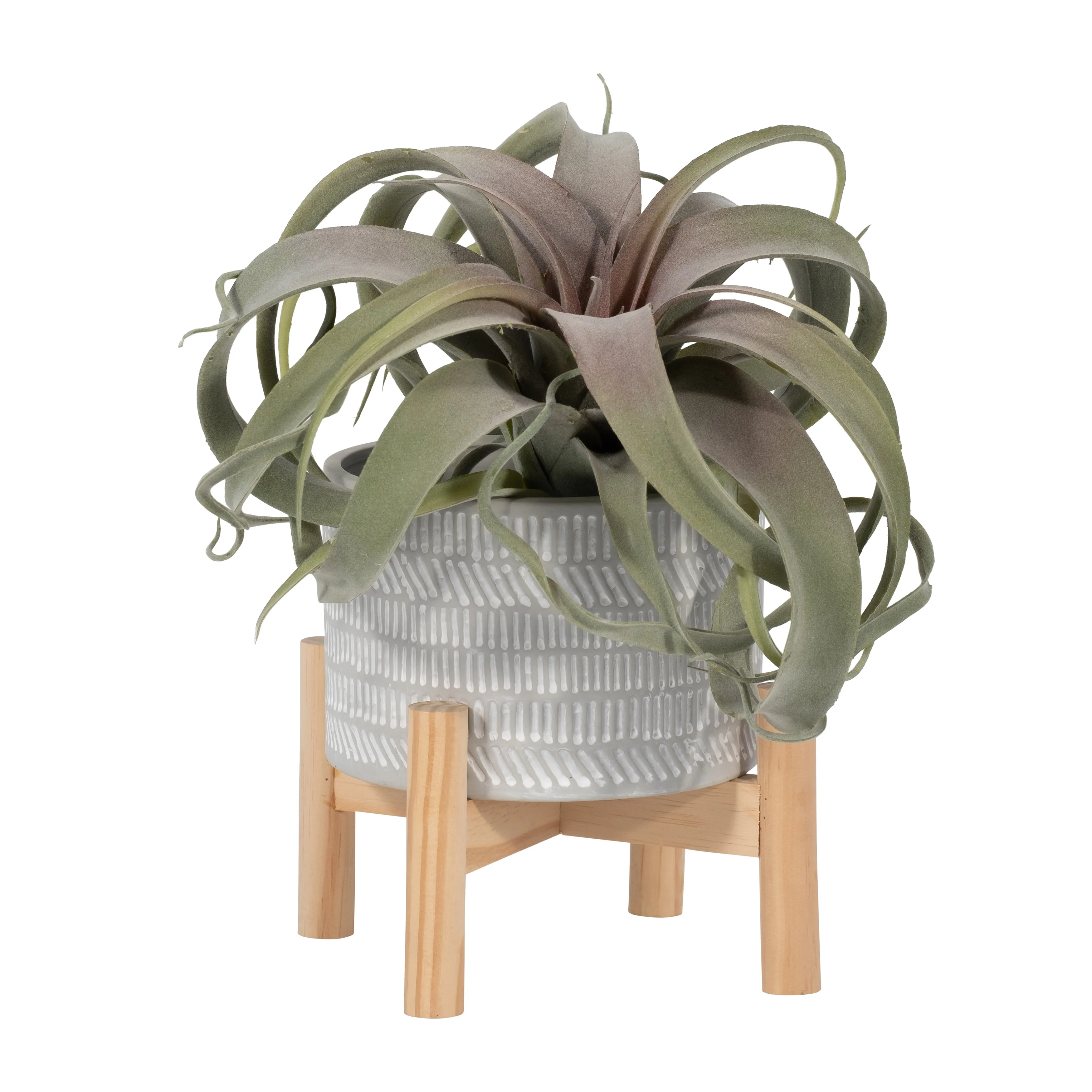 6" CERAMIC TRIBAL PLANTER W/ WOOD STAND, BEIGE
