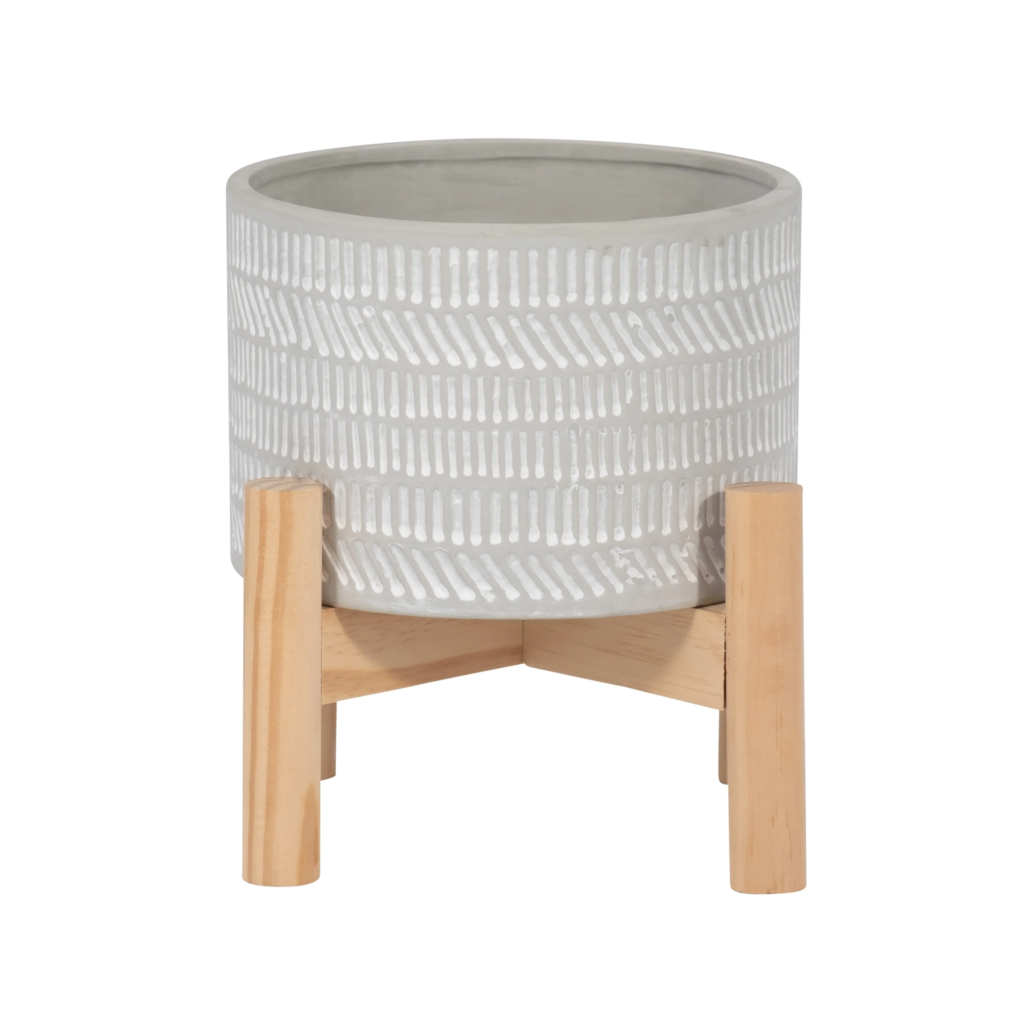 6" CERAMIC TRIBAL PLANTER W/ WOOD STAND, BEIGE
