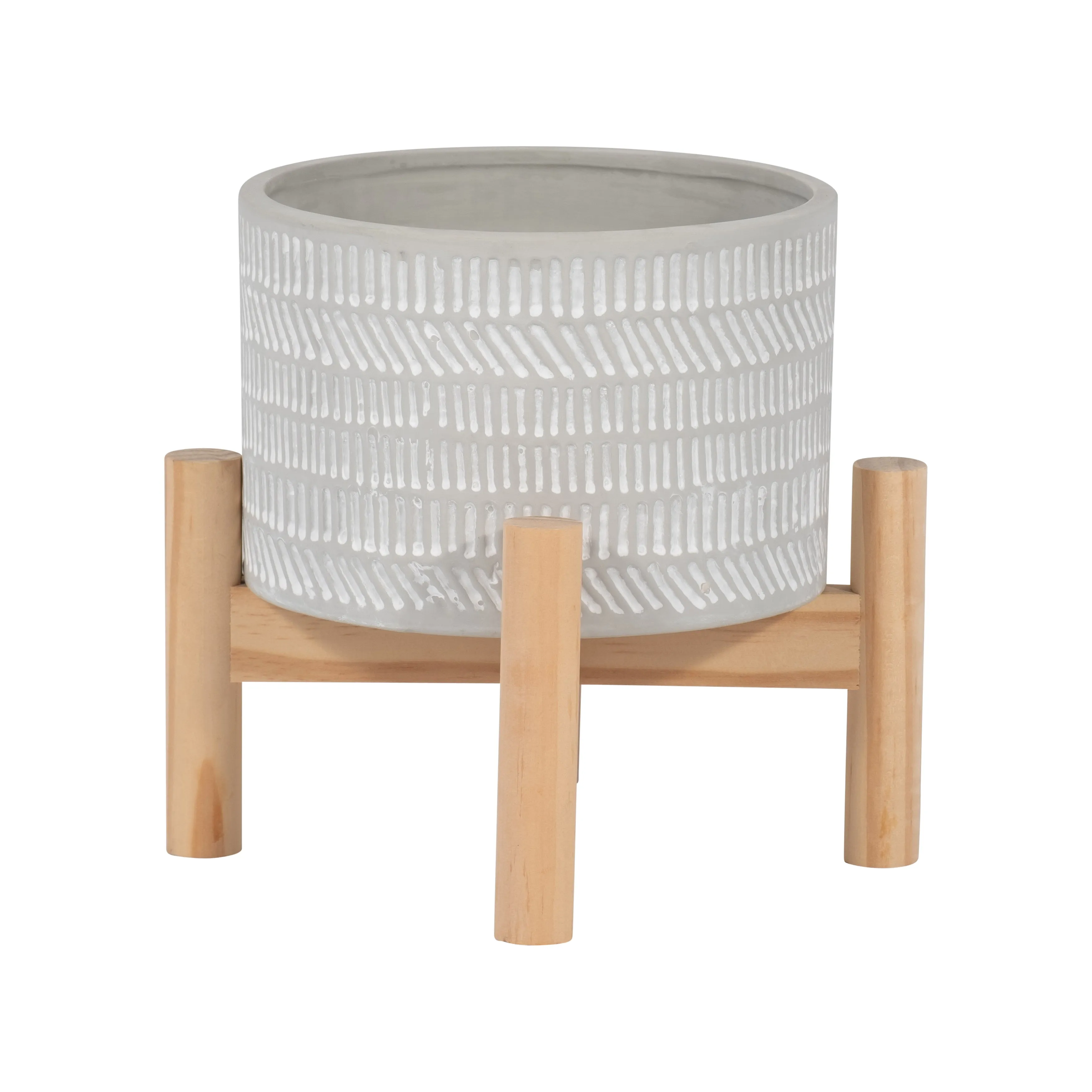 6" CERAMIC TRIBAL PLANTER W/ WOOD STAND, BEIGE