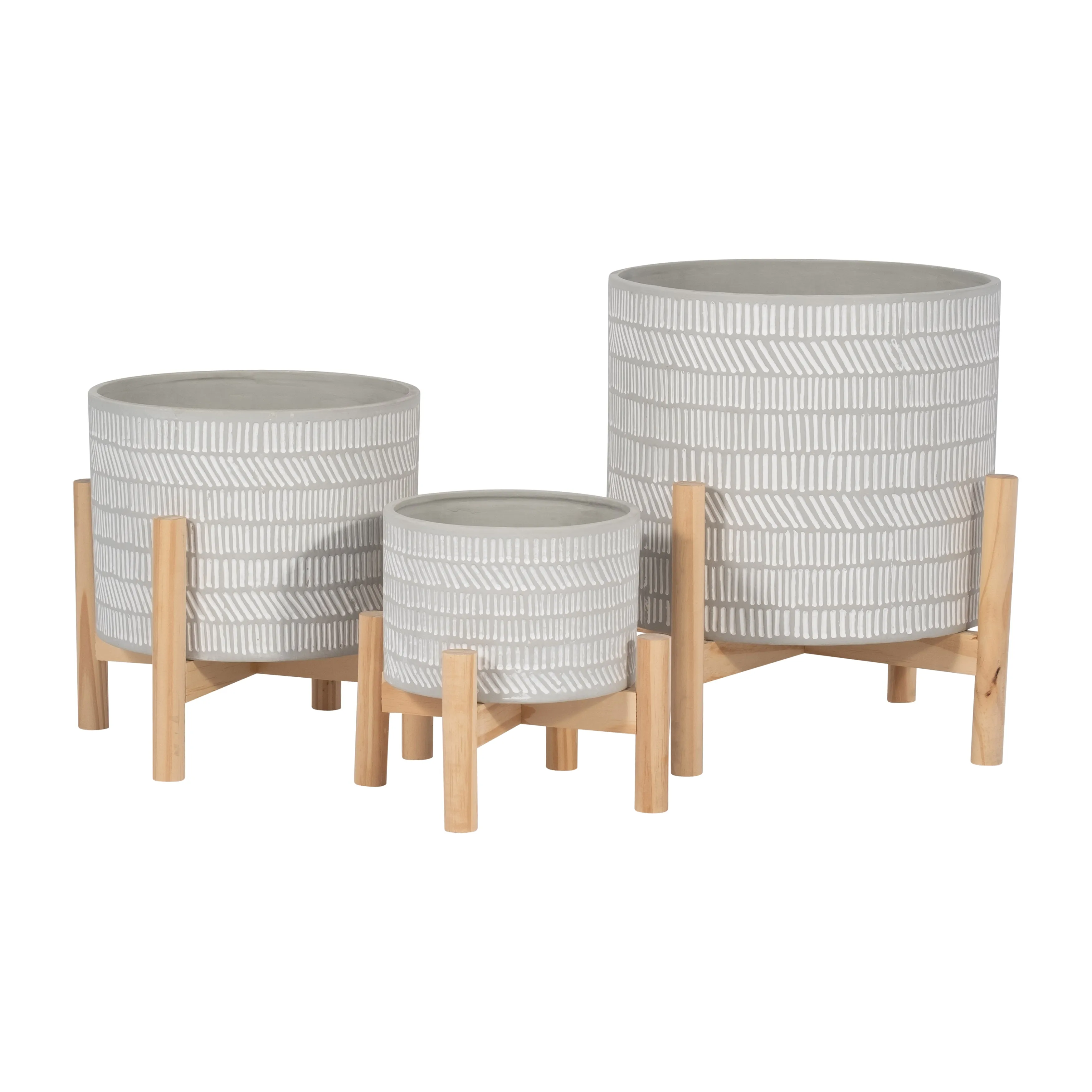 6" CERAMIC TRIBAL PLANTER W/ WOOD STAND, BEIGE