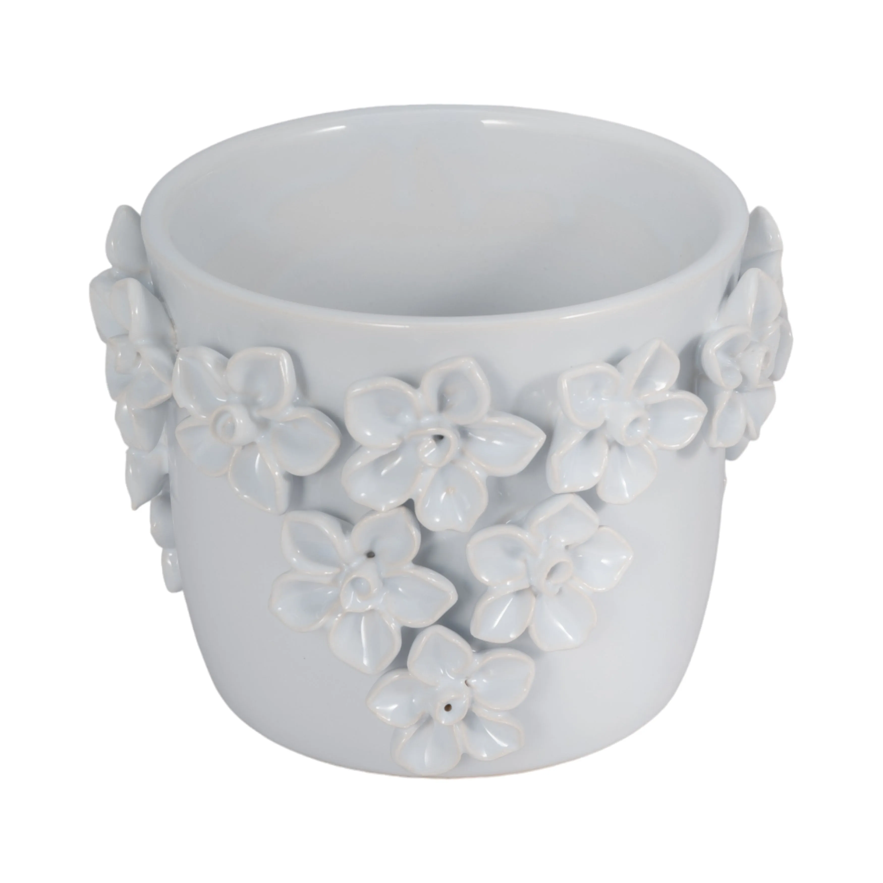 6" Floral Applique Planter, White
