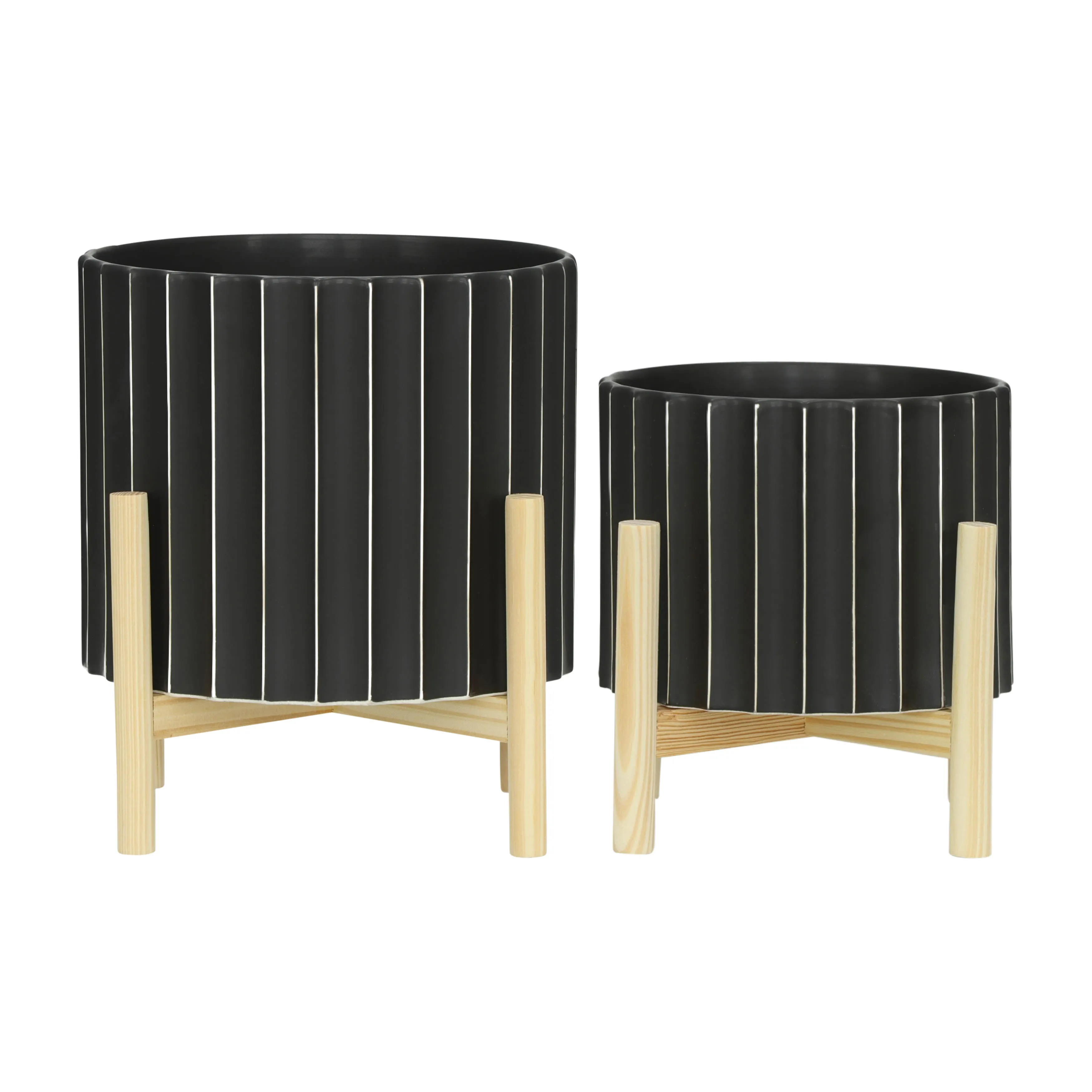 8" CERAMIC FLUTED PLANTER W/ WOOD STAND, BLACK