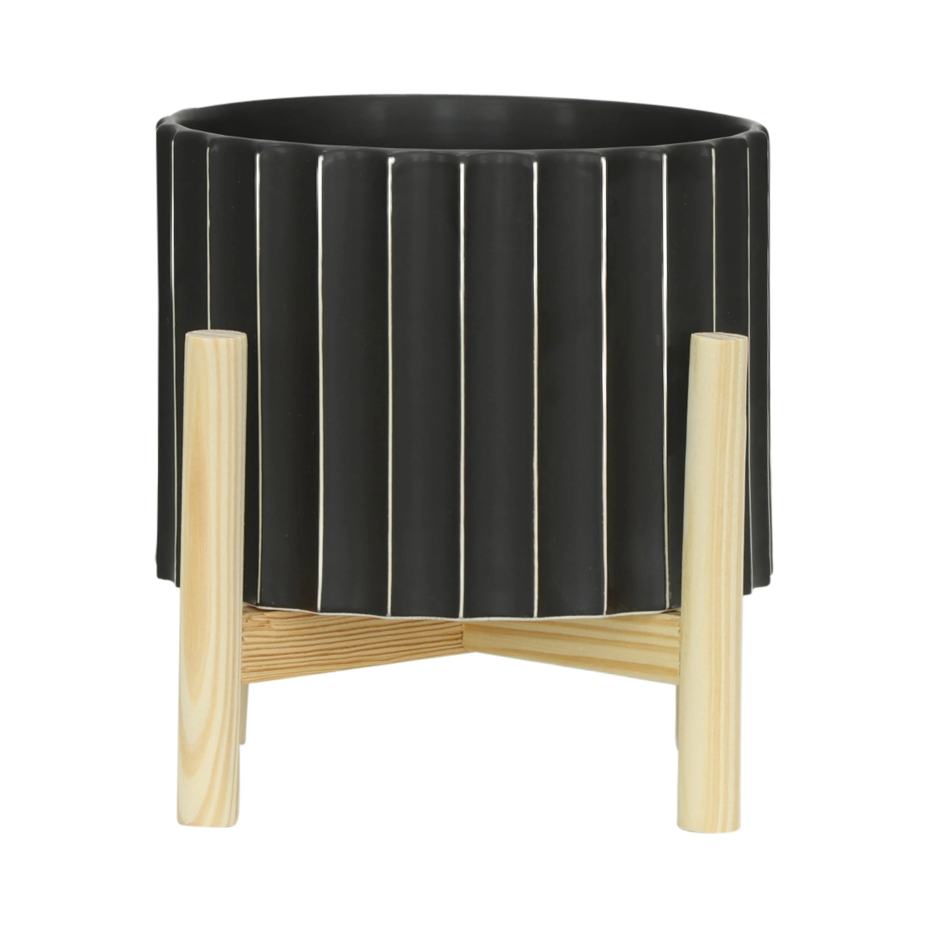 8" CERAMIC FLUTED PLANTER W/ WOOD STAND, BLACK