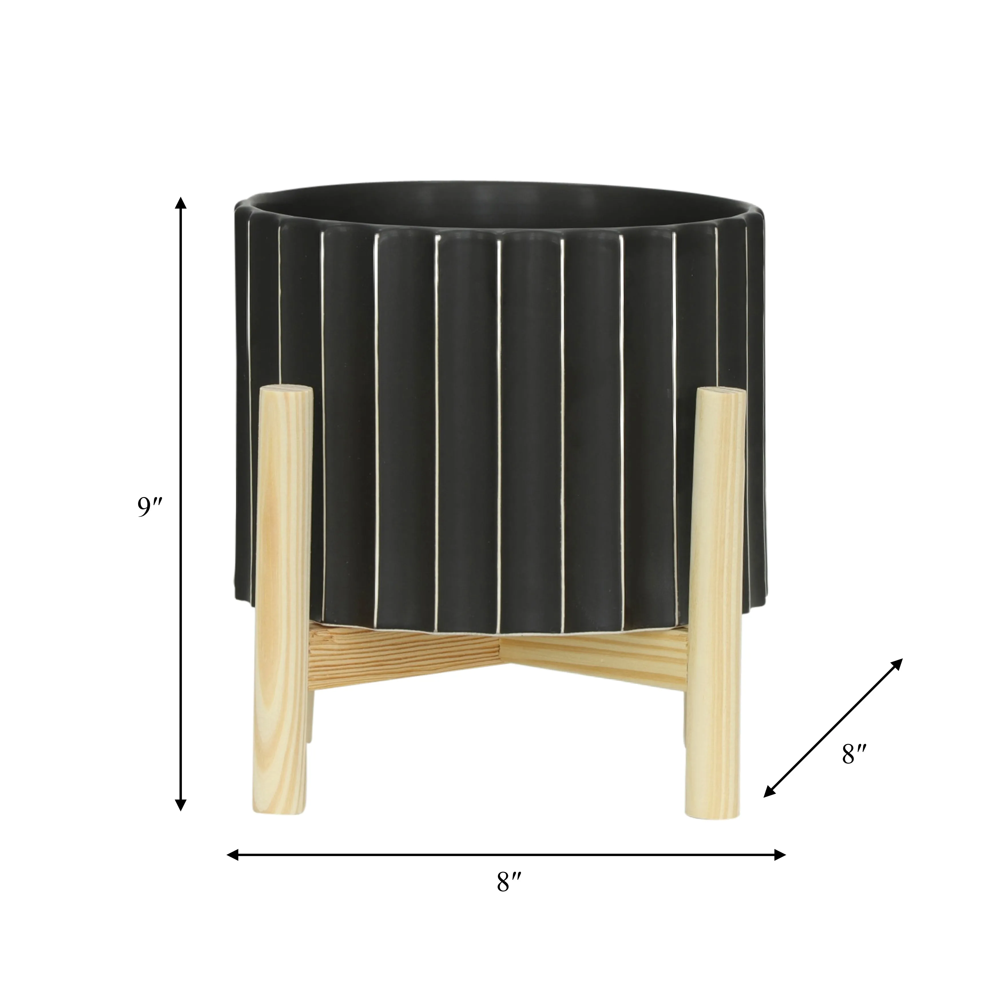8" CERAMIC FLUTED PLANTER W/ WOOD STAND, BLACK