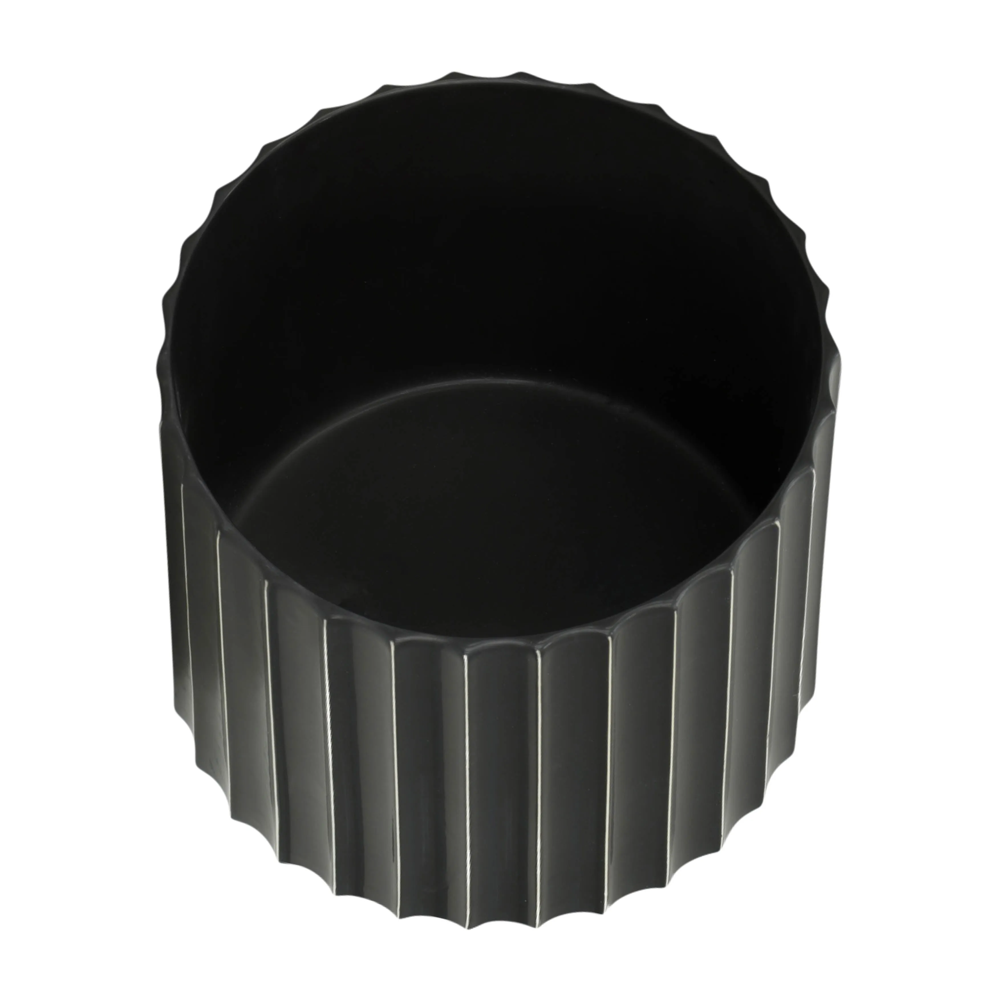 8" CERAMIC FLUTED PLANTER W/ WOOD STAND, BLACK