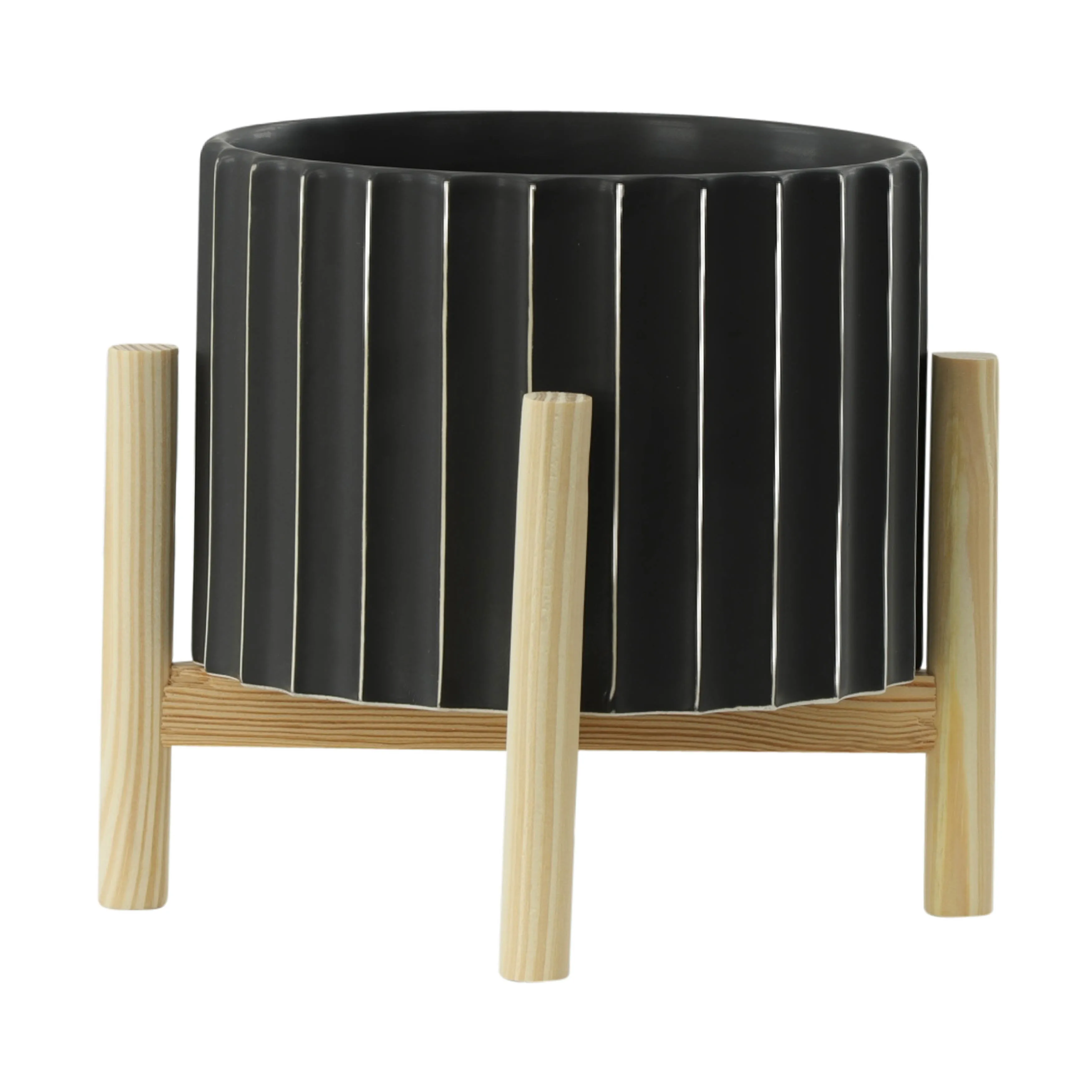 8" CERAMIC FLUTED PLANTER W/ WOOD STAND, BLACK