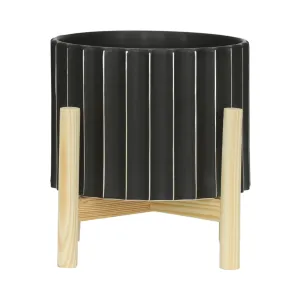 8" CERAMIC FLUTED PLANTER W/ WOOD STAND, BLACK