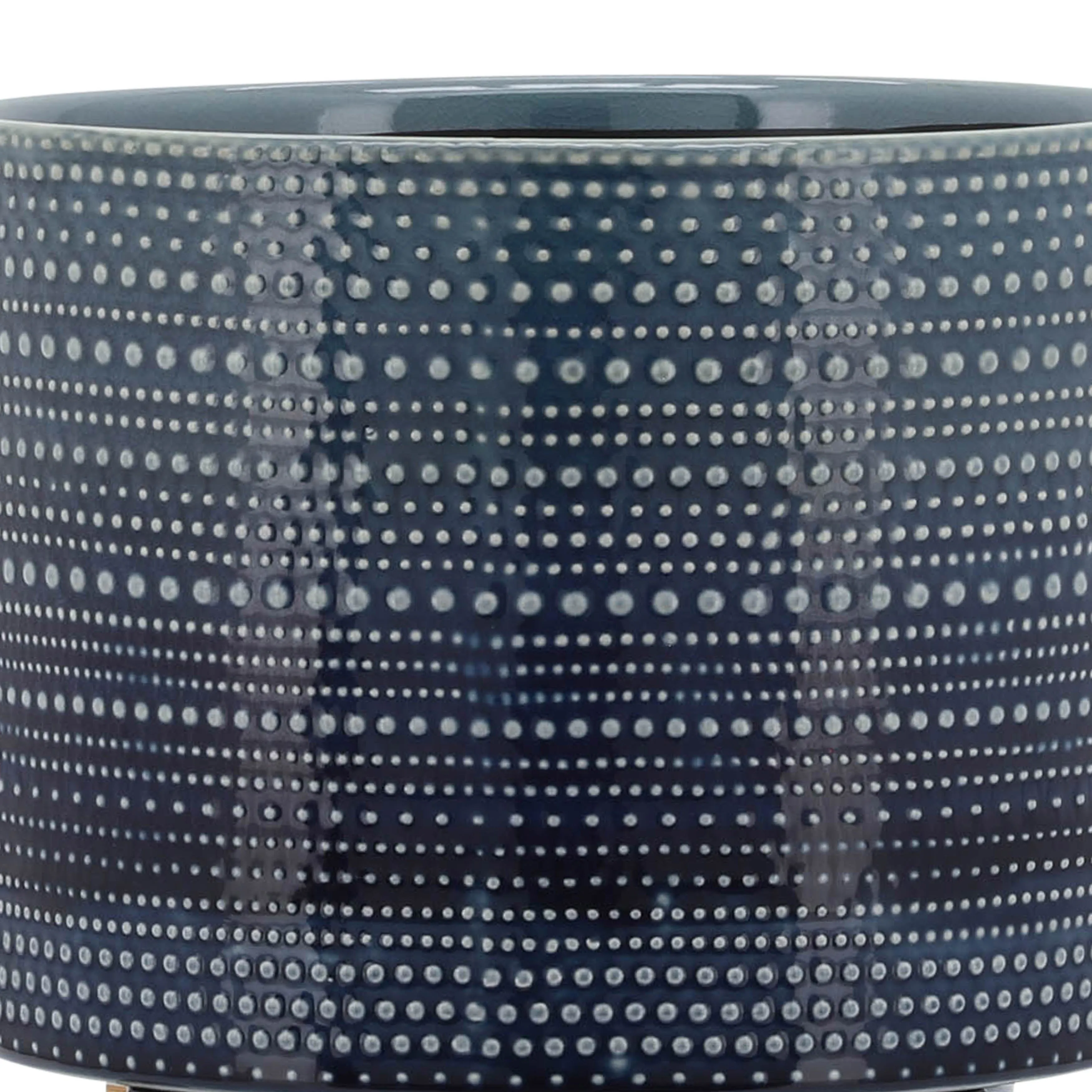 8" DOTTED PLANTER W/ WOOD STAND, BLUE
