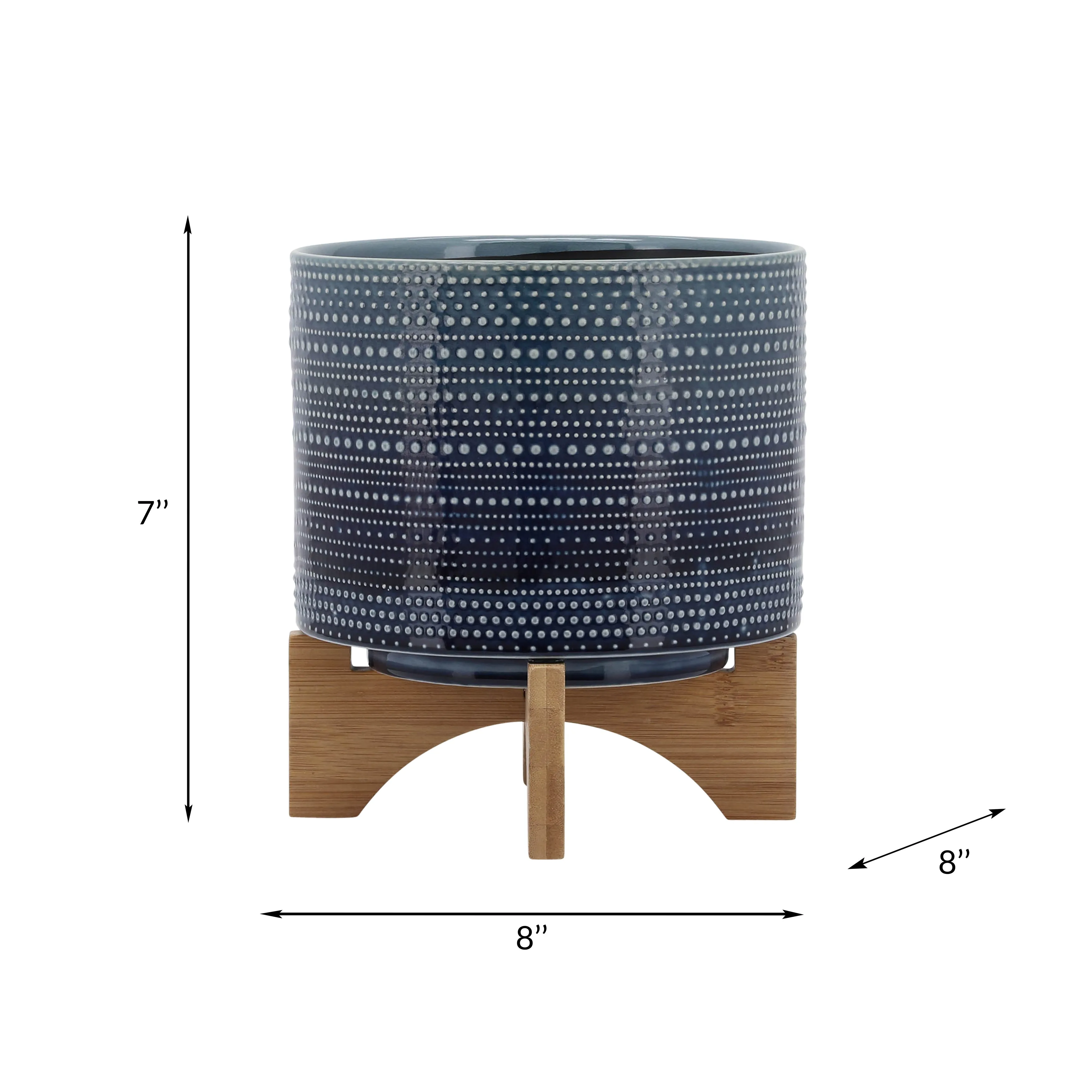 8" DOTTED PLANTER W/ WOOD STAND, BLUE