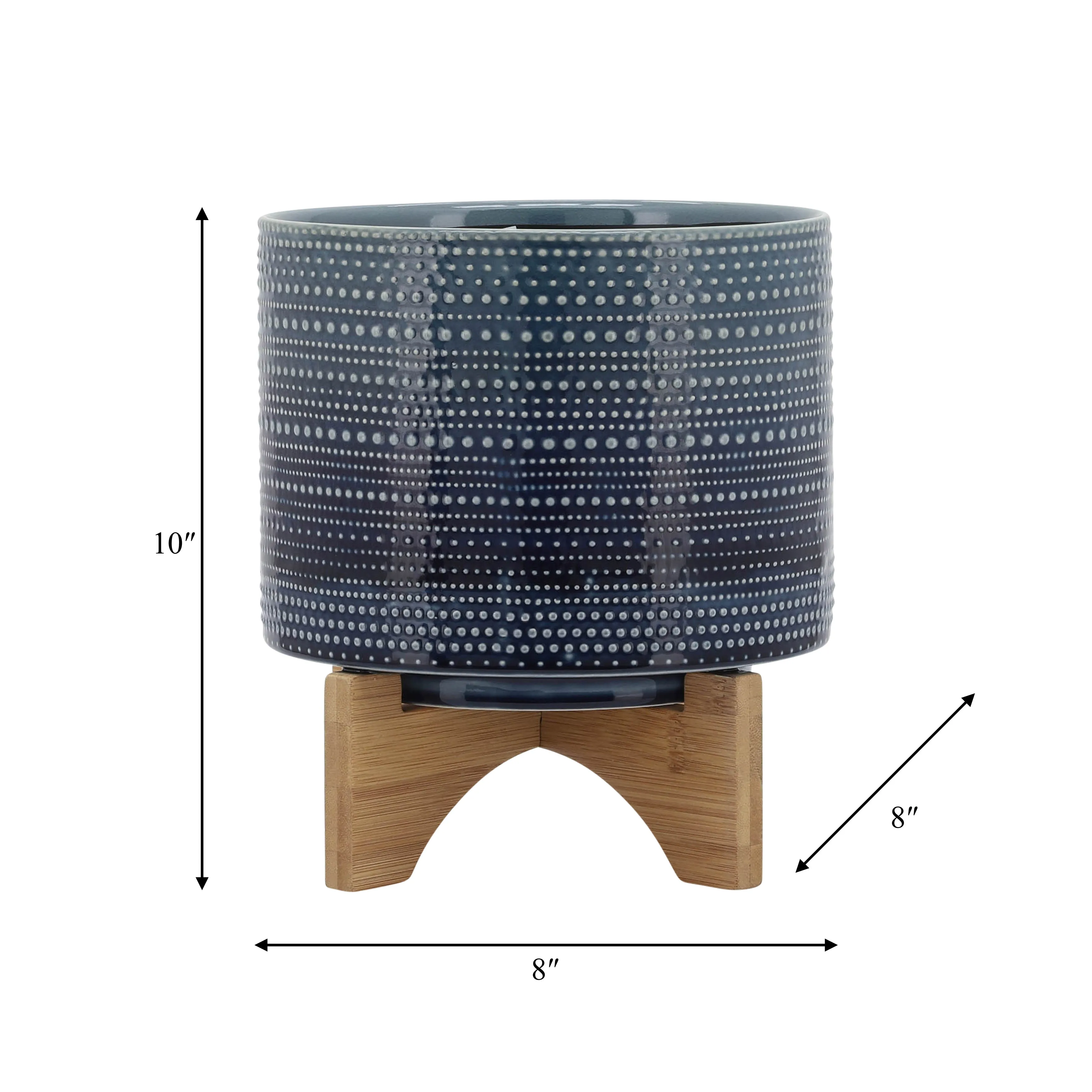 8" DOTTED PLANTER W/ WOOD STAND, BLUE