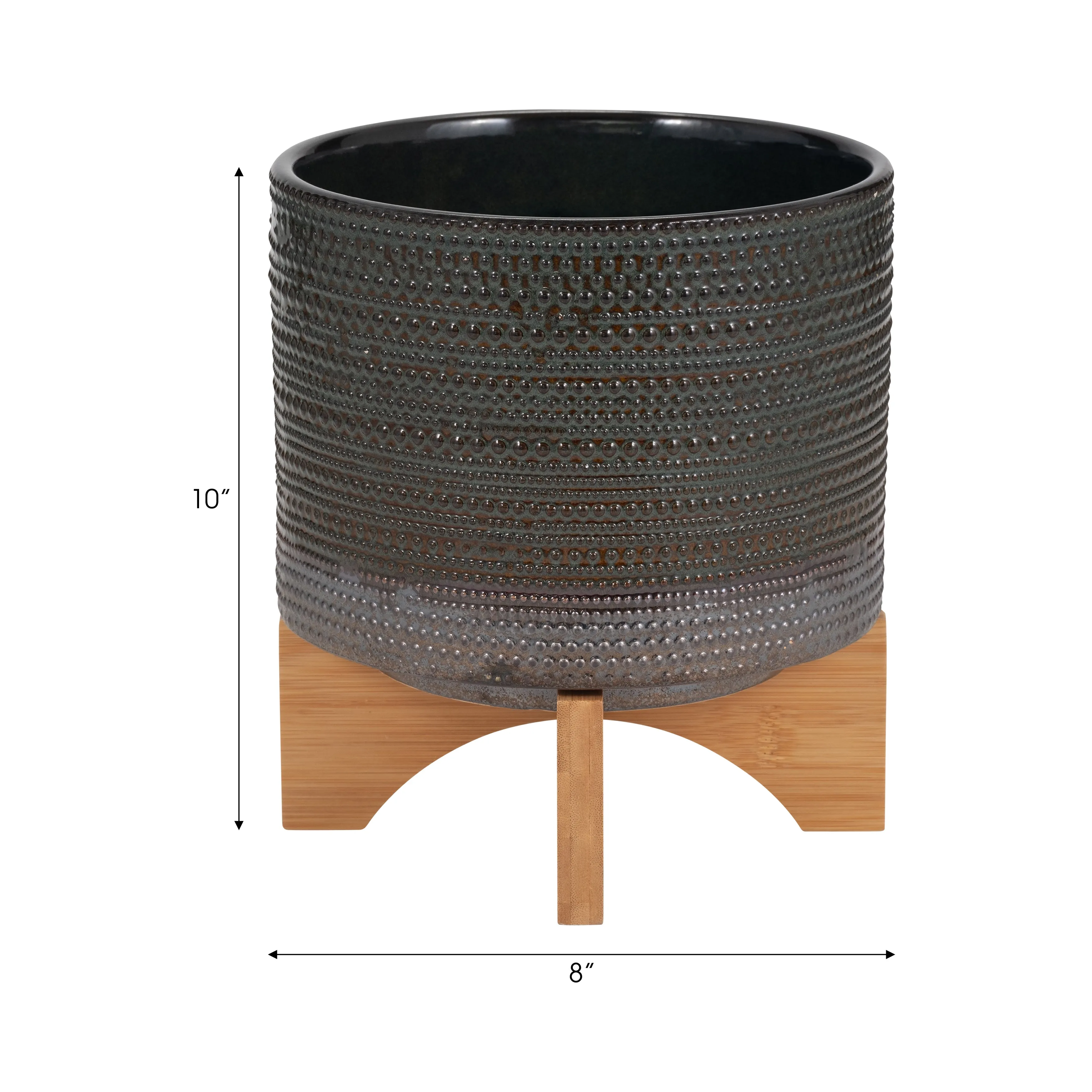 8" DOTTED PLANTER W/ WOOD STAND, GREEN