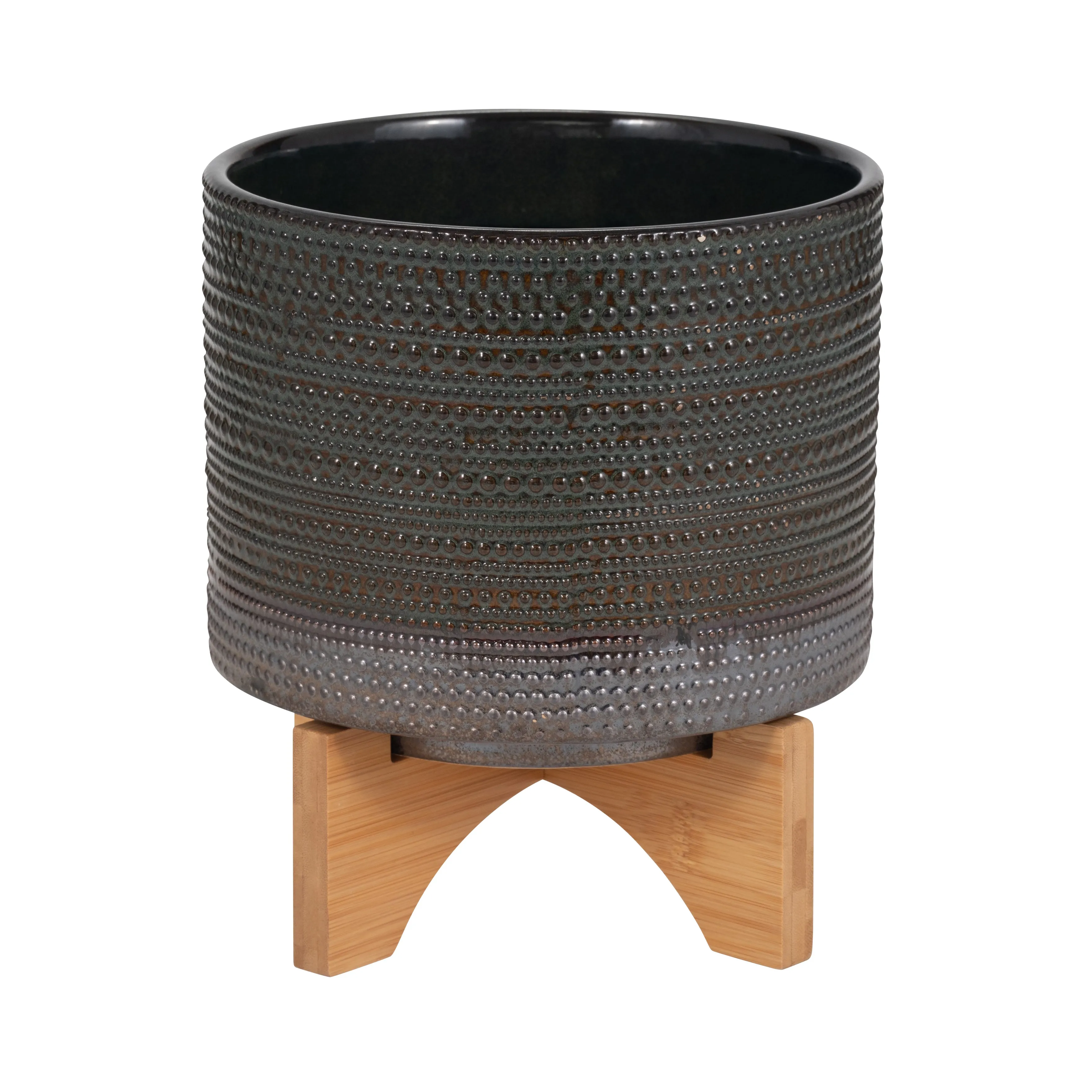 8" DOTTED PLANTER W/ WOOD STAND, GREEN