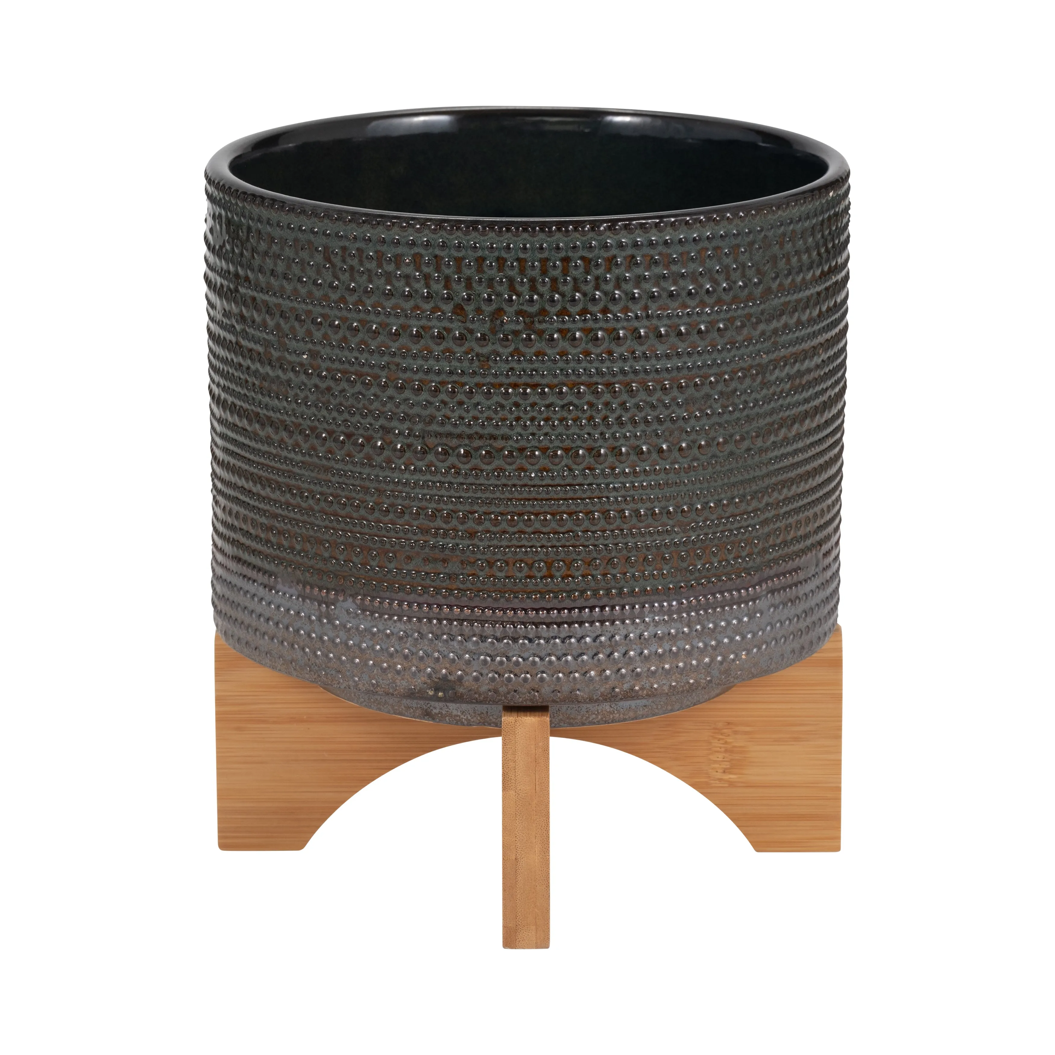 8" DOTTED PLANTER W/ WOOD STAND, GREEN