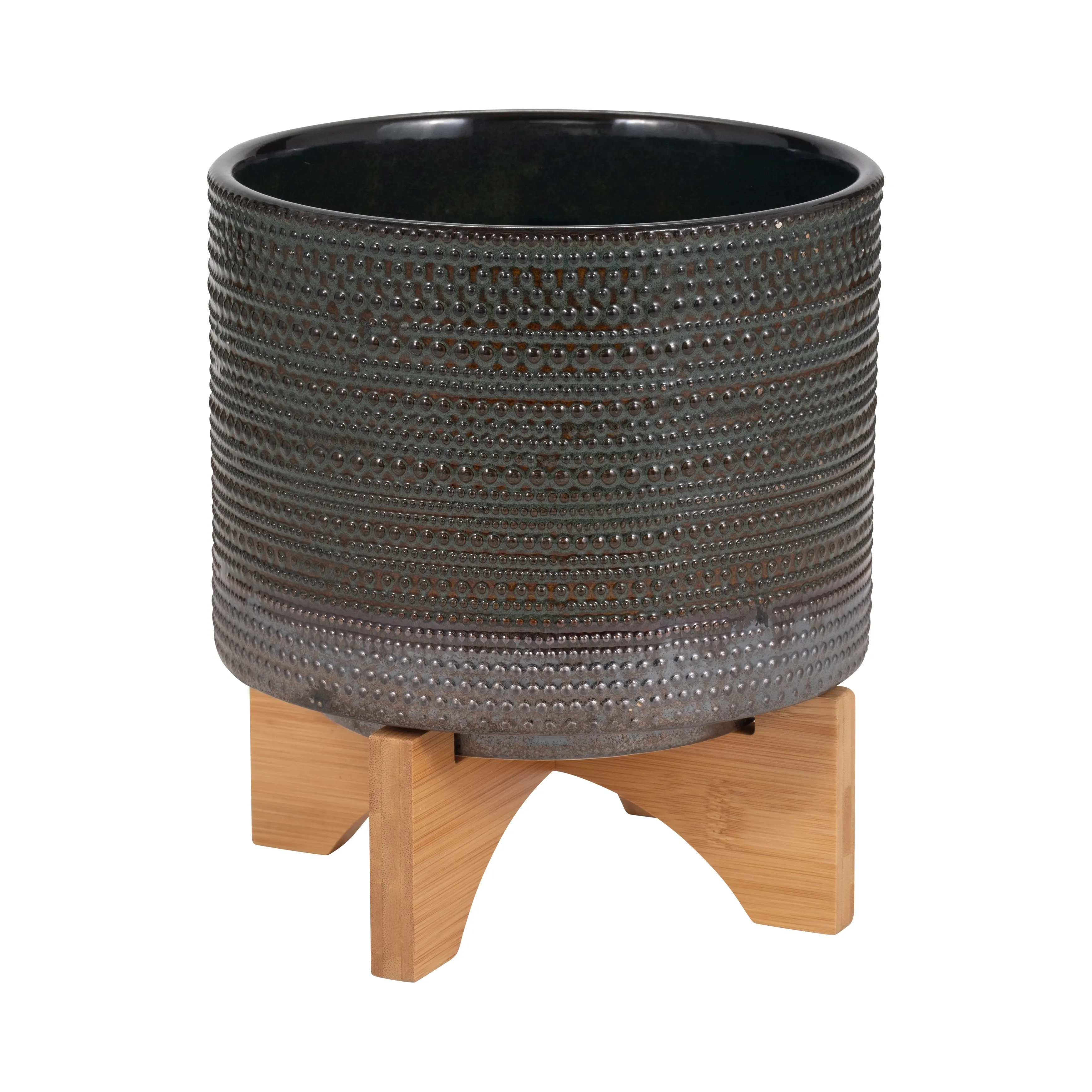8" DOTTED PLANTER W/ WOOD STAND, GREEN